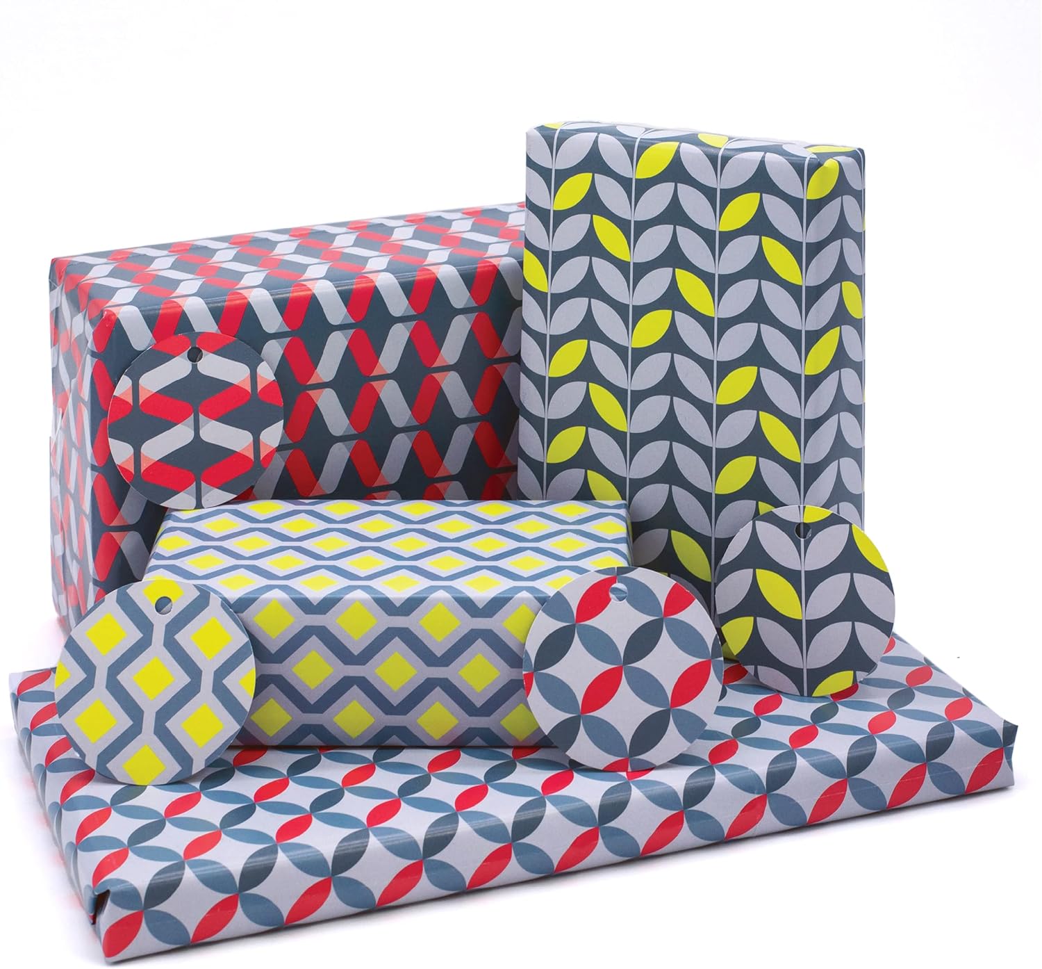 LittleGreen® retro geometric recycled wrapping paper bundle, 8 sheets, 16 tags, 100% recycled luxury gift wrap set, UK made.