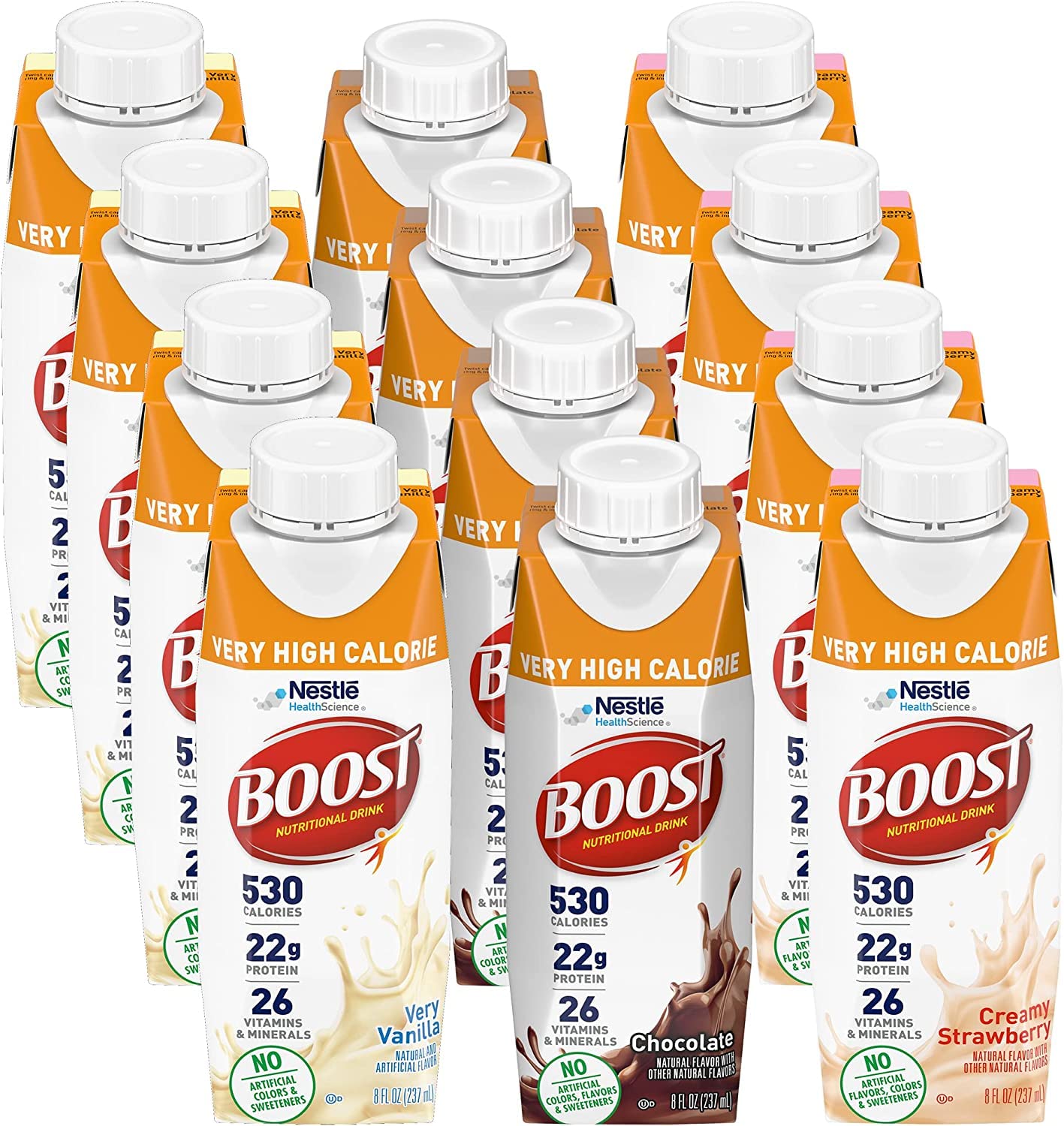 BOOST Very High Calorie Nutritional Drink Variety Pack, 12 Count – 4 Vanilla, 4 Chocolate, 4 Strawberry – 530 Calories per 8 fl oz Bottle, Nutrient-Rich (Variety Pack)