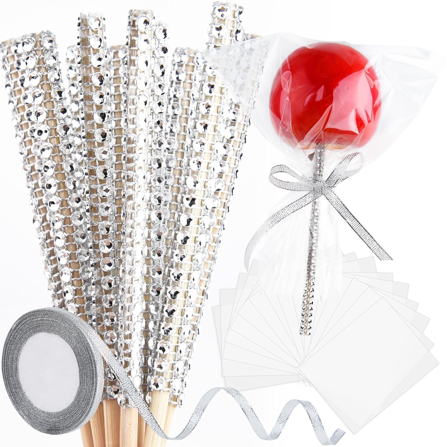 ASTARON 24 Pack Glitter Bling Candy Apple Sticks and Bags, Toffee Apple Kit Including Glitter Ribbon and Chocolate Apple Packaging Bag for Candy Apple Supplies