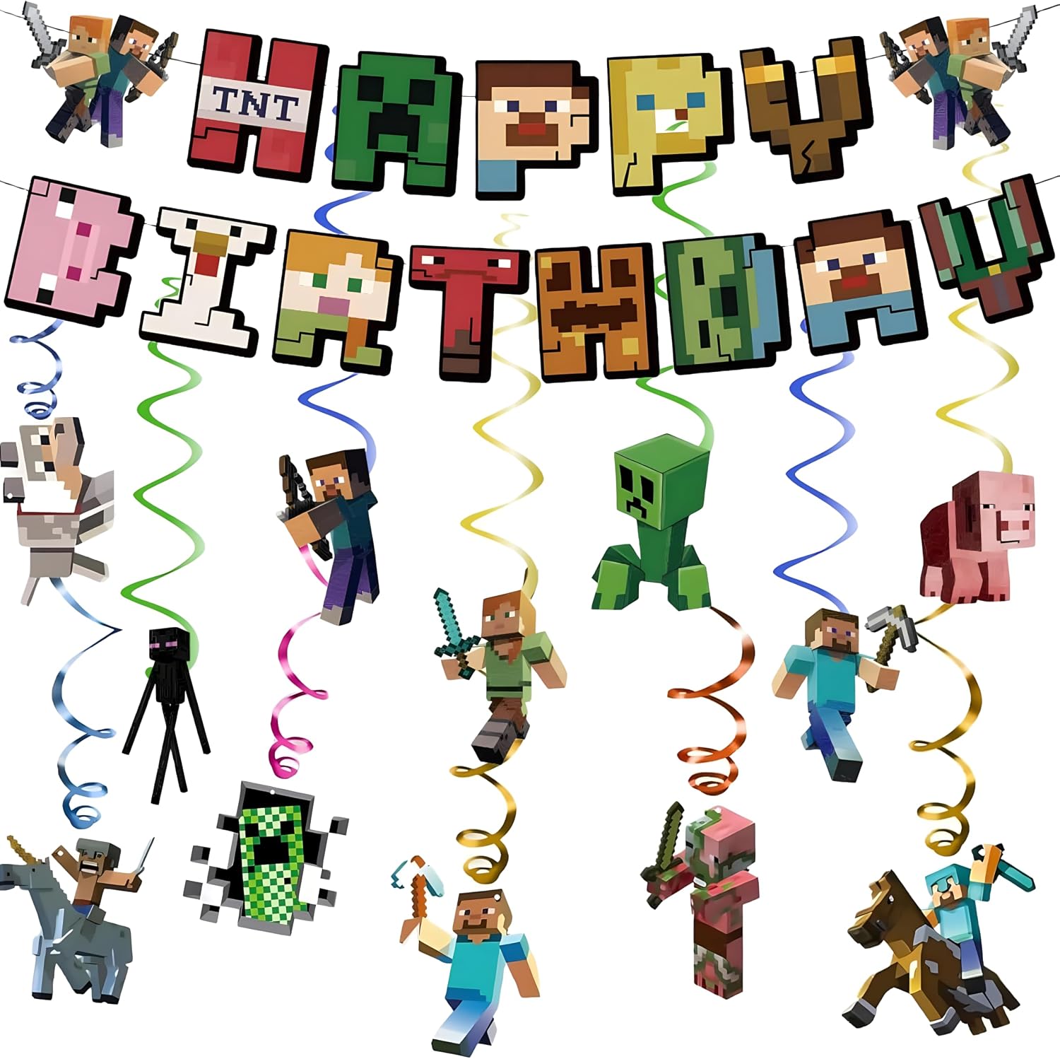 ZUXOLBIN Pixel Birthday Party Decoration - Pixel Happy Birthday Banner Bunting Garland and Hanging Decoration - Pixel Mine Birthday Party Supplies Game Fans Decors for Kids Boys