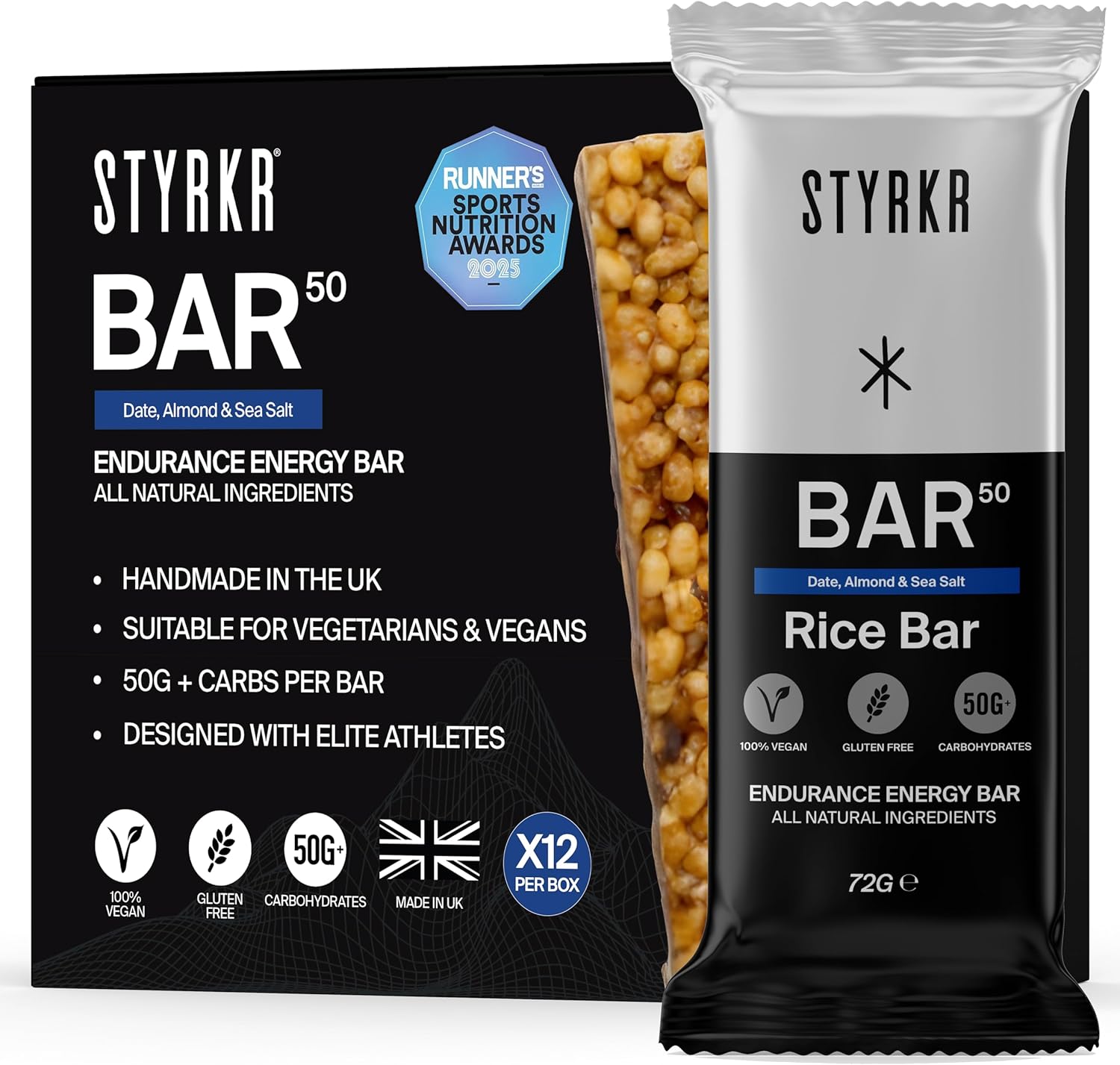 Energy Bars by Styrkr - Pack of 12 Rice Bars for Cycling & Running - Date, Almond & Dark Chocolate - Approved by Endurance Athletes - 50g of Carbs via Advanced Dual-Carb Formulation - BAR50-12x