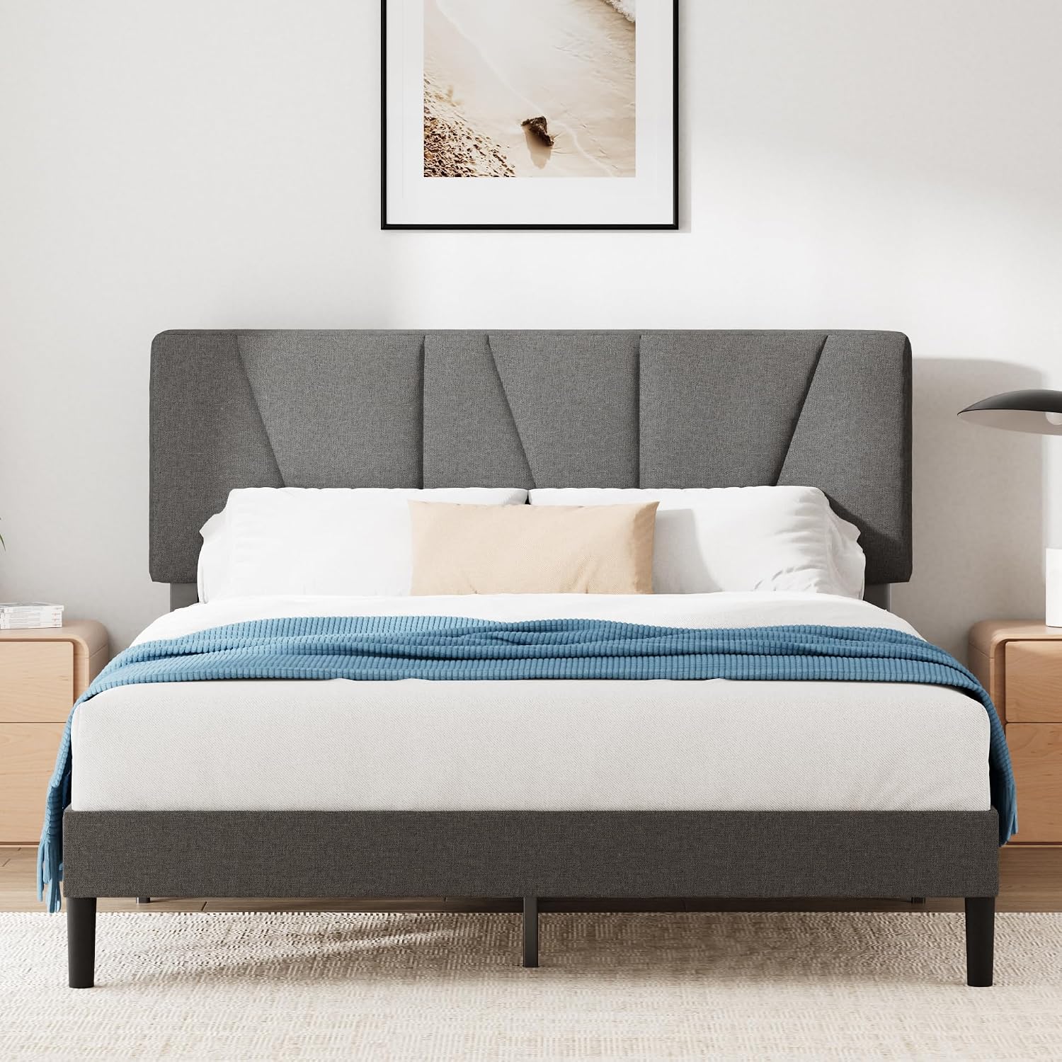Zinus Maya Double Bed Frame with Headboard - 4ft6 (135 x 190 cm) - 11.8'' Height - Upholstered Bed Base - Wooden Slat Support - Easy Assembly - Dark Grey