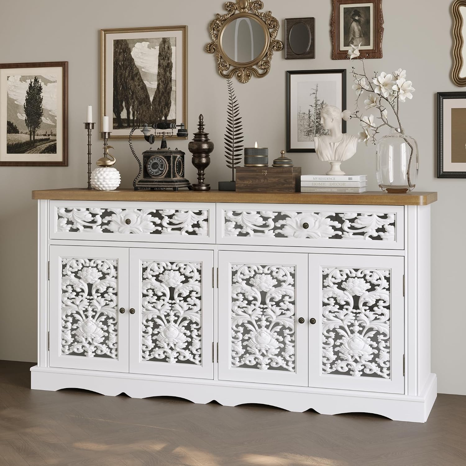 63" Long Storage Sideboard Cabinet, Handmade Hollow Carved Cabinet, Vintage Accent Storage Sideboard with 2 Drawers & 2-Tiers Shelf for Living Room Home Office, White