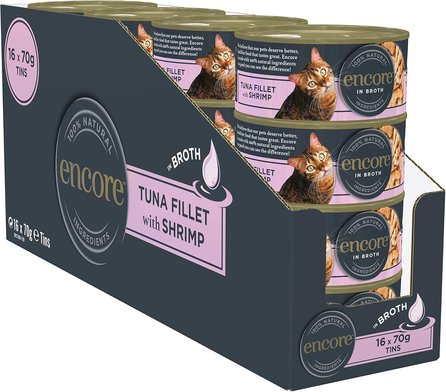 Encore 100% Natural Wet Cat Food, Tuna with Shrimp in 70 g Tins (Pack of 16)