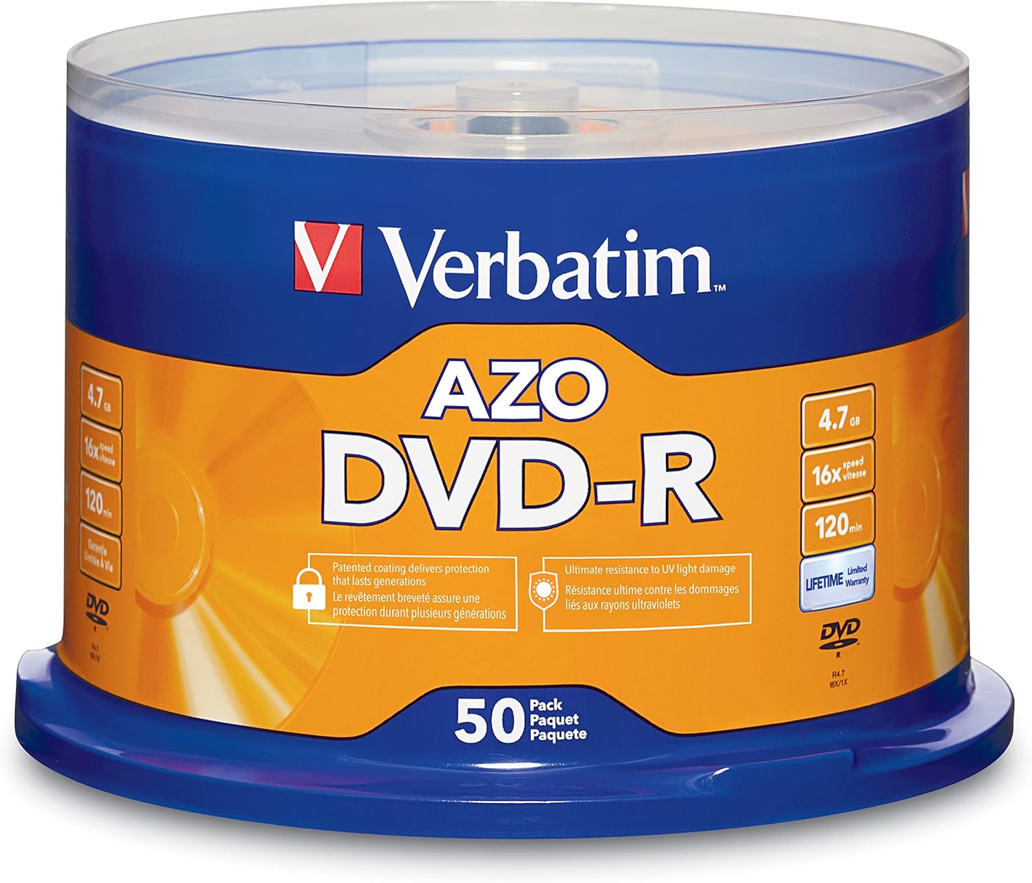 Verbatim DVD-R Blank Discs AZO Dye 4.7GB 16X Recordable Disc - 50 Pack Spindle