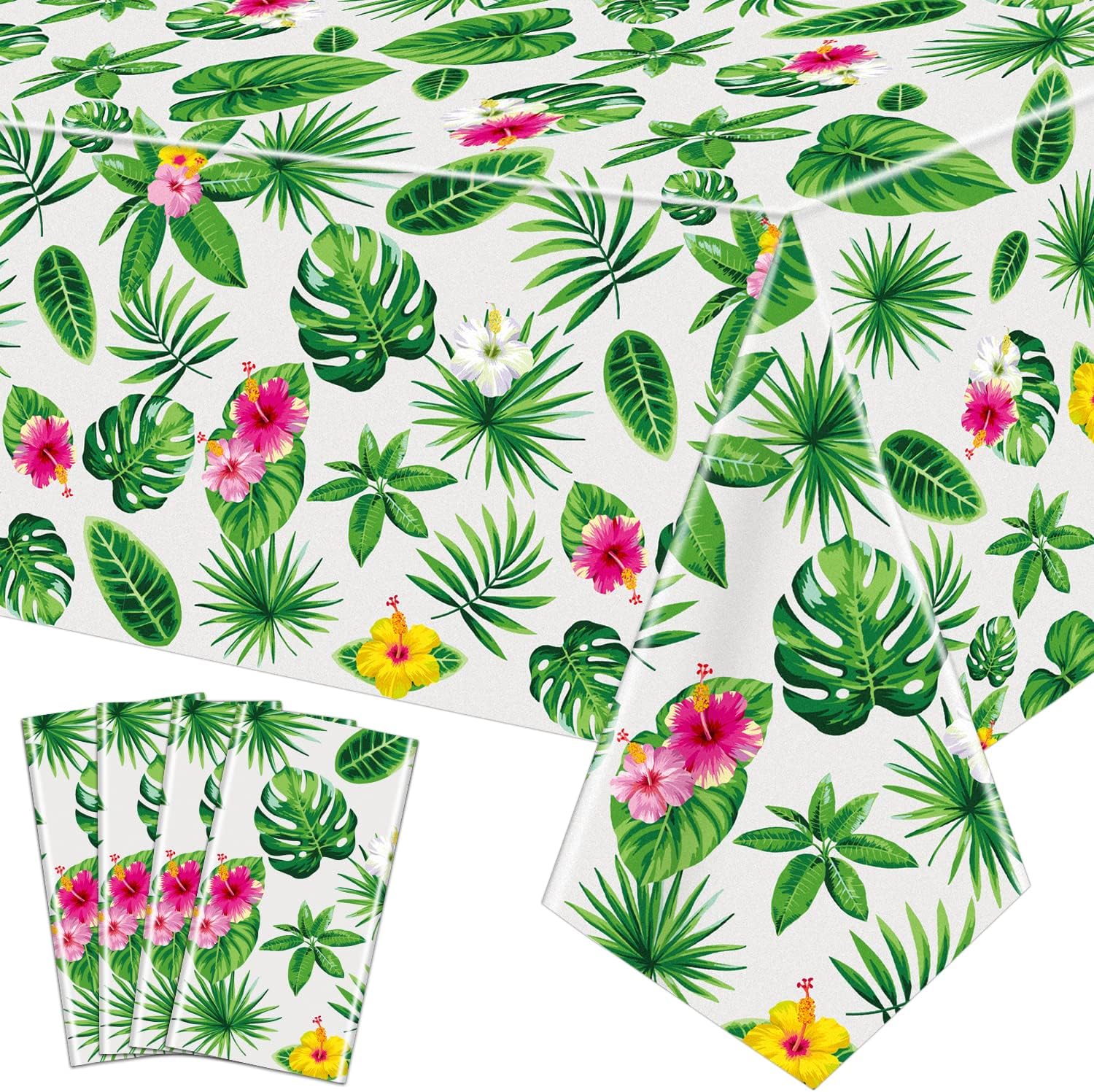 4 Pack Hawaiian Luau Tablecloths Tropical Palm Leaves Table Cloth Hawaii Disposable Plastic Rectangular Table Covers Aloha Summer Beach Pool Kids Birthday Tablecloth Cocktail Party Supplies 86 x 51 IN