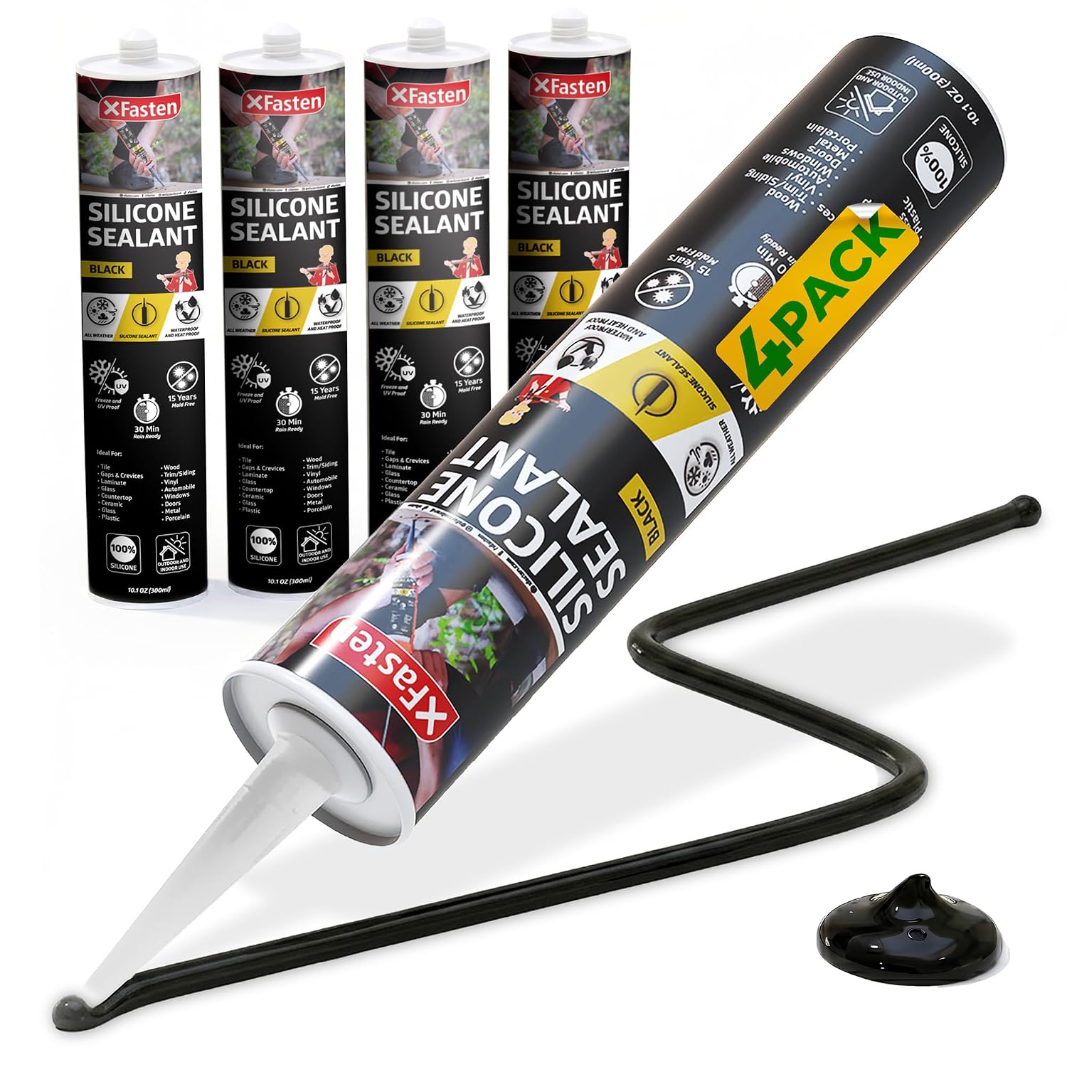 XFasten Silicone Sealant Waterproof Black Cartridge, 10.1 oz (4-Pack) Black Caulking Silicone Adhesive Sealant Cartridge for RV, General Use, Window, Door, Glass, Automotive Leak Sealing