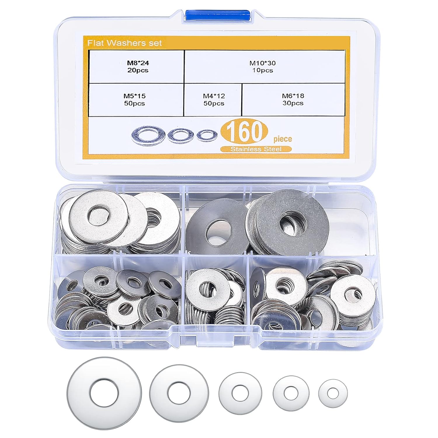160 Pcs Stainless Steel Round Large Metal Washers - OD M4, M5, M6, M8, M10