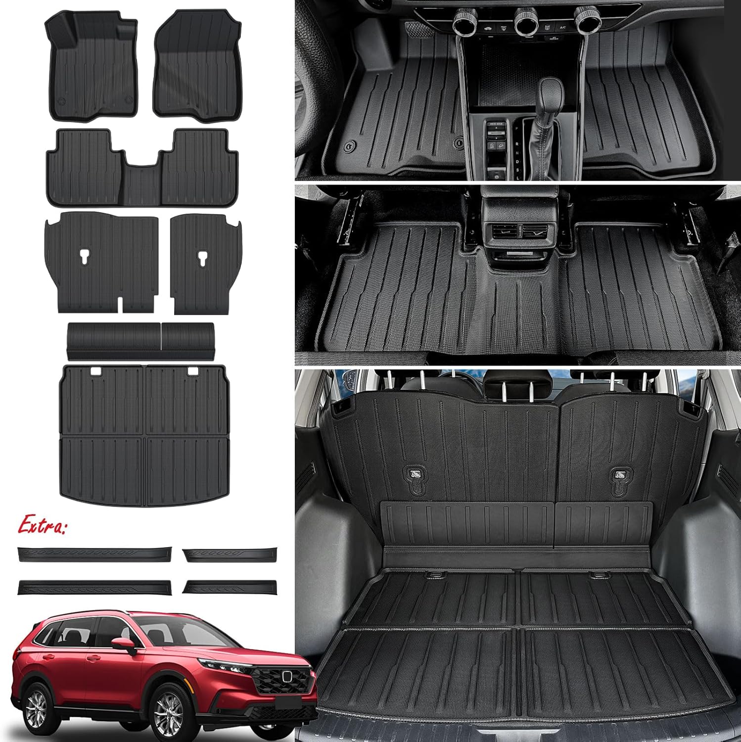 Floor Mats Cargo Mat Set for Honda CRV 2026 2025 2024 2023 Car Mat Accessories(Include Hybrid), All Weather TPE Cargo Liner Door Sill Protectors for CR-V Gas Hybrid(Full Set Mats)
