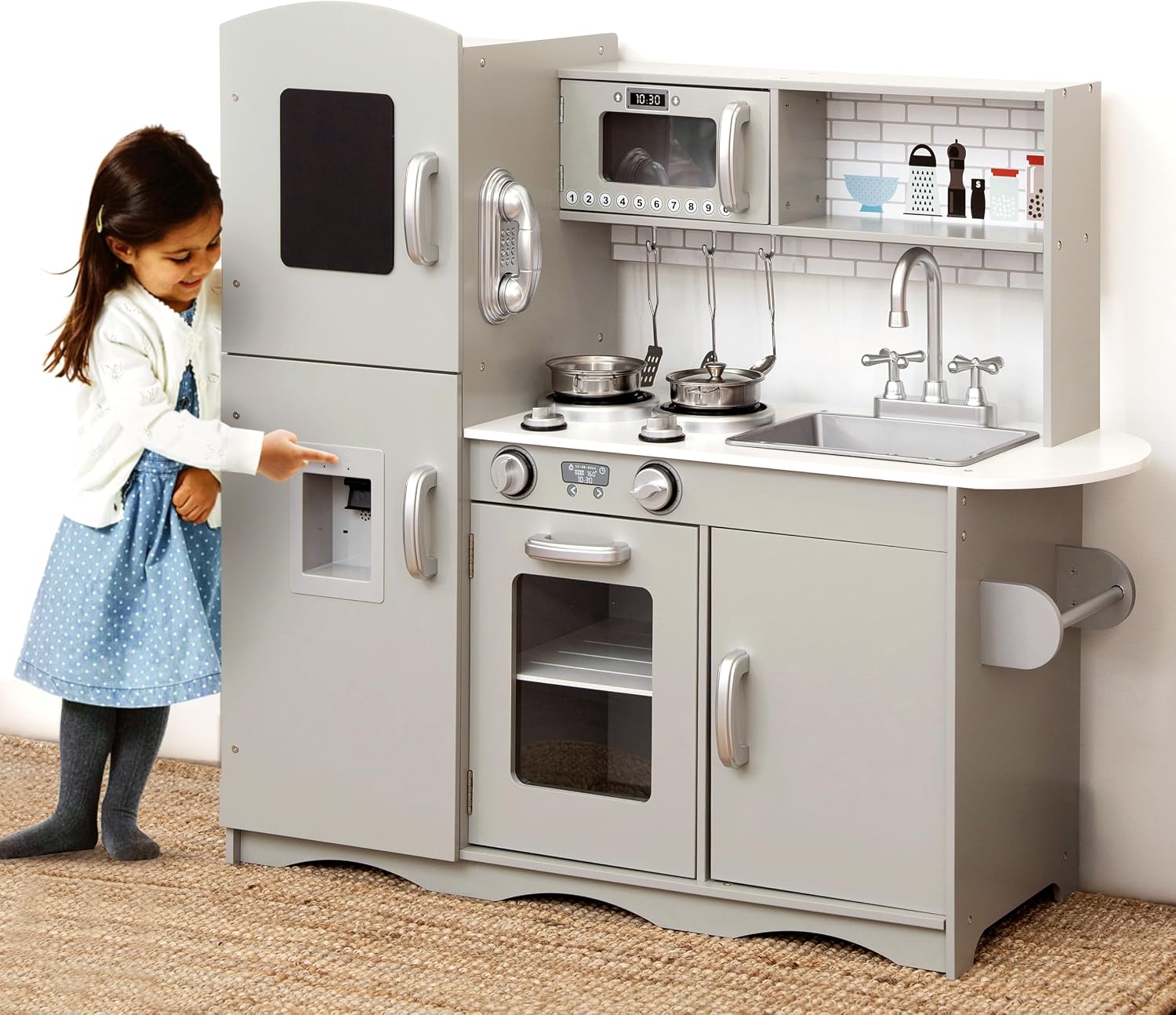 KIDOZ Signature Kids Wooden Play Kitchen Boys Girls Pretend Toy, New Grey