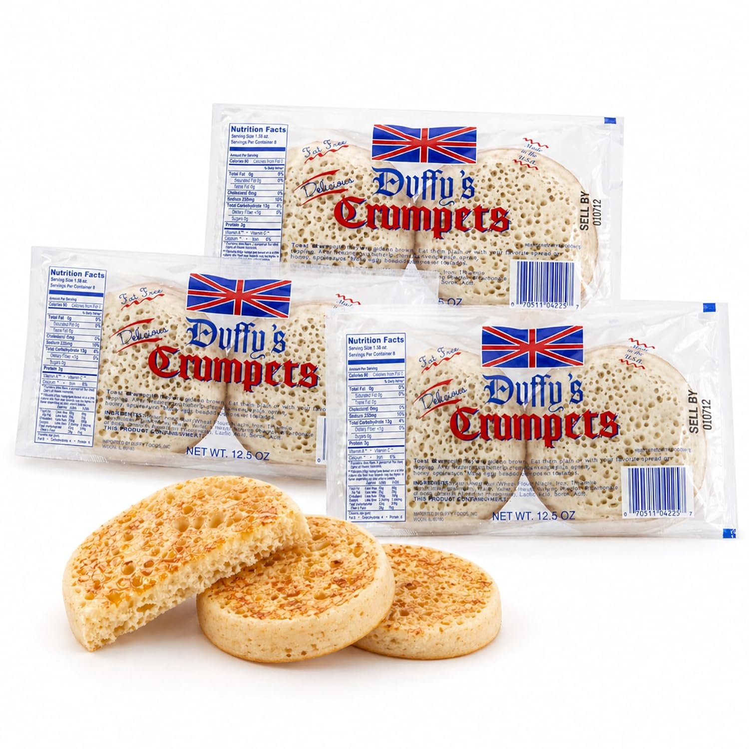 Duffy’s Crumpets British Breakfast Bread, Soft and Airy, Perfect for Toasting, Holds Butter and Jam, Traditional English Recipe, Muffin Alternative, Tea Snack, 12.5 oz (Pack of 3 | 24 Crumpets in Total)