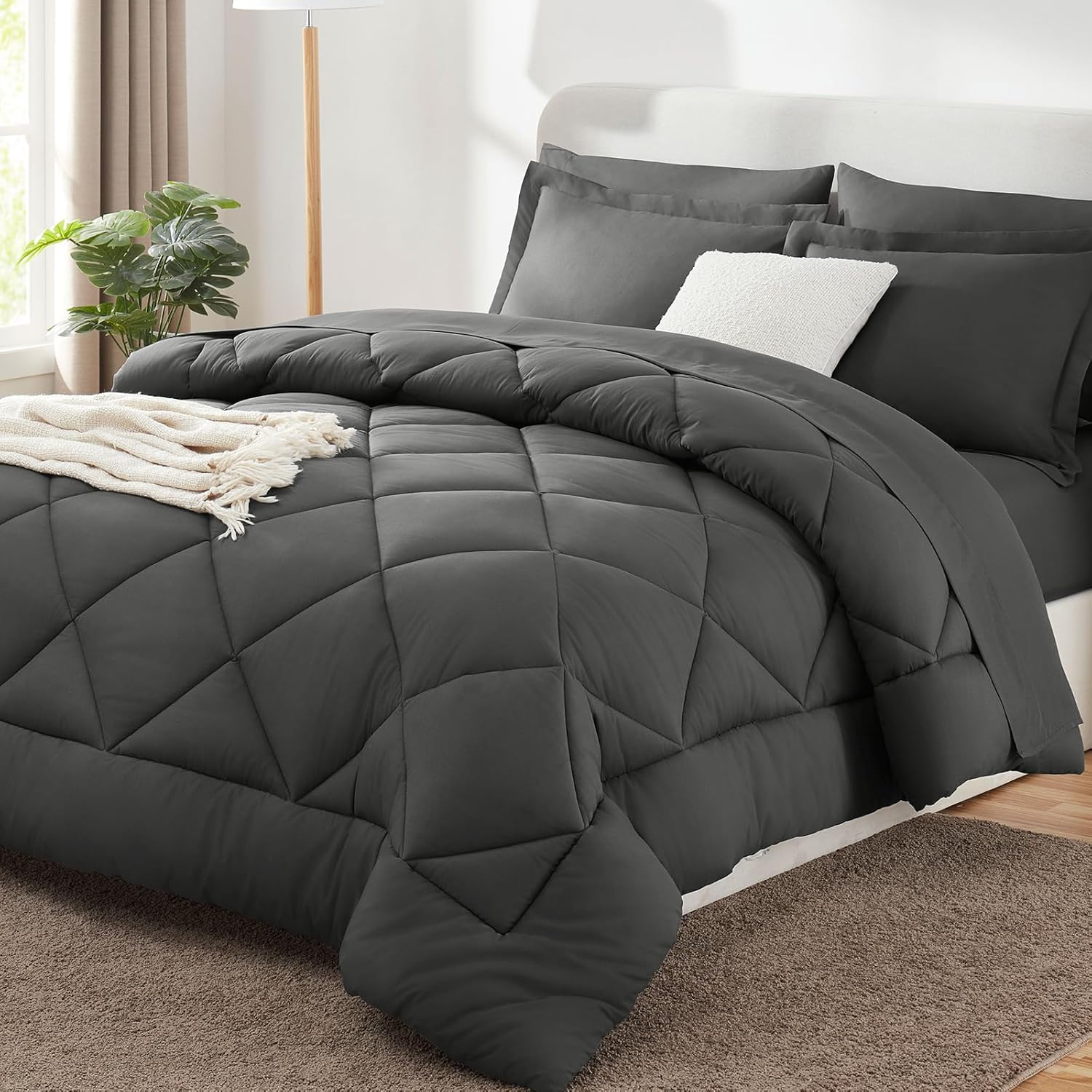 CozyLux King Bed in a Bag 7-Piece Comforter Set with Comforter, Pillow Shams, Flat Sheet, Fitted Sheet and Pillowcases - Dark Grey All Season Bedding