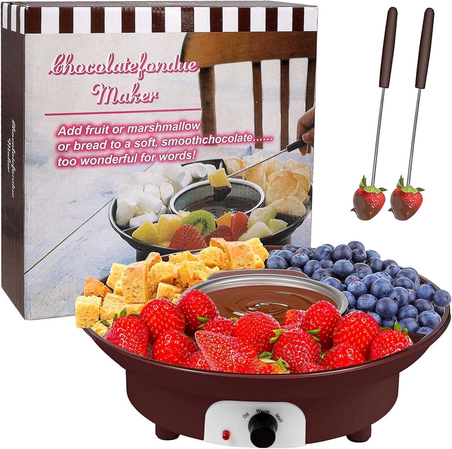 Electric Chocolate Fondue Maker, Dessert Fondue Pot with 2 Forks Detachable Serving Trays for Melting Warming Caramel Cheese Sauce Date Night House Warming (Brown)