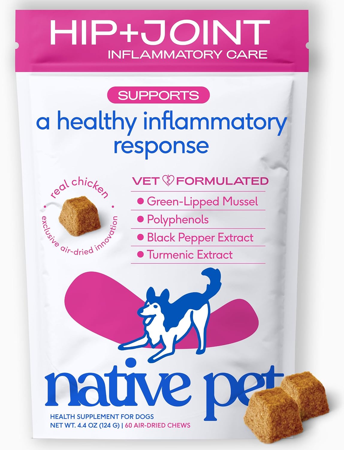 Native Pet Inflammatory Care - Pain Relief for Dogs - Green-Lipped Mussel, Turmeric & Collagen for Dogs - Hip and Joint Supplement Supports Healthy Inflammatory Response & Joint Comfort - 60 Chews