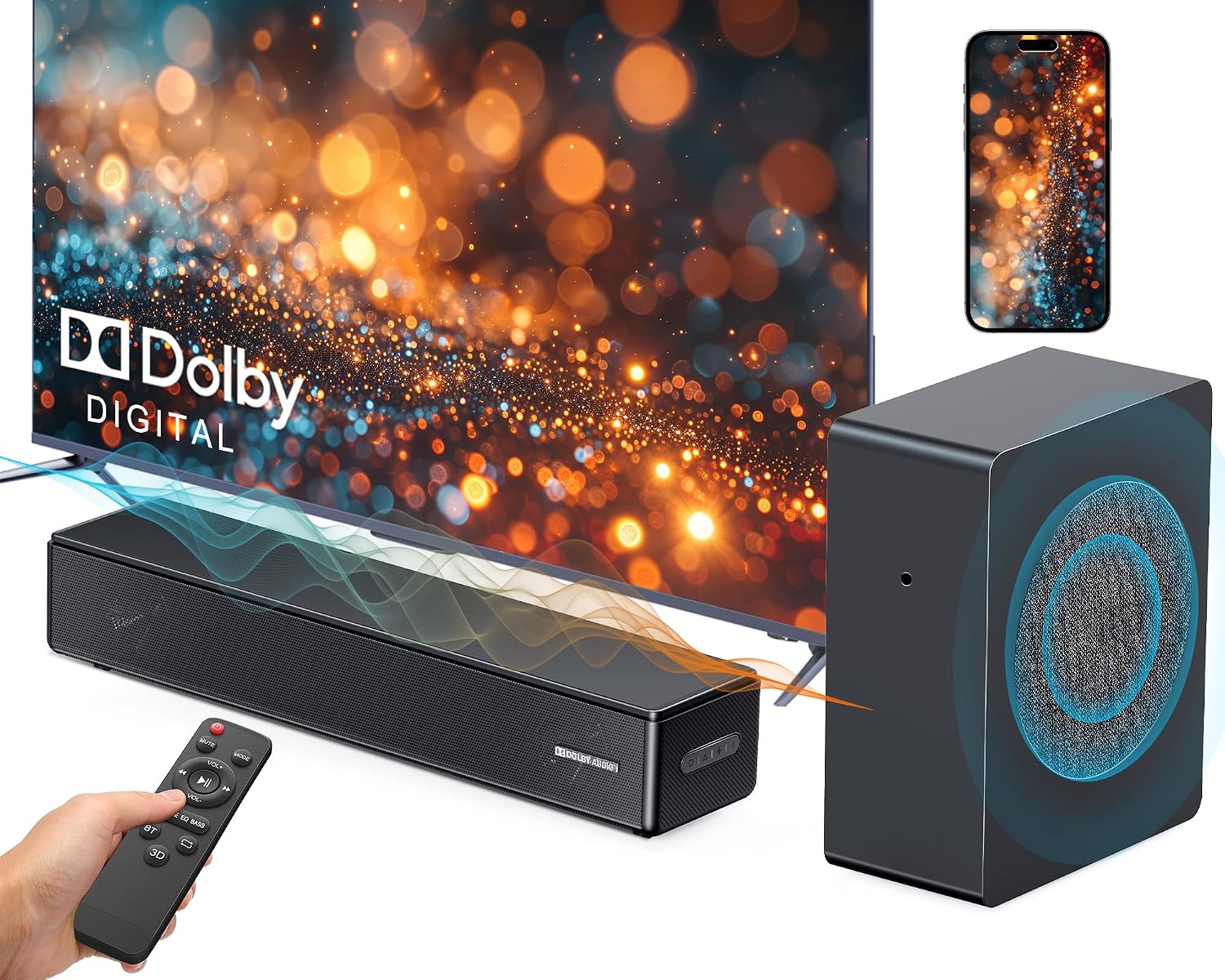 2.1 ch Soundbar with subwoofer, Dolby Digital 100W Sound Bars TV Speaker Home Theater Audio Surround Sound System, HDMI eARC/Bluetooth/DSP/Remote Control External Speakers for Smart TVs