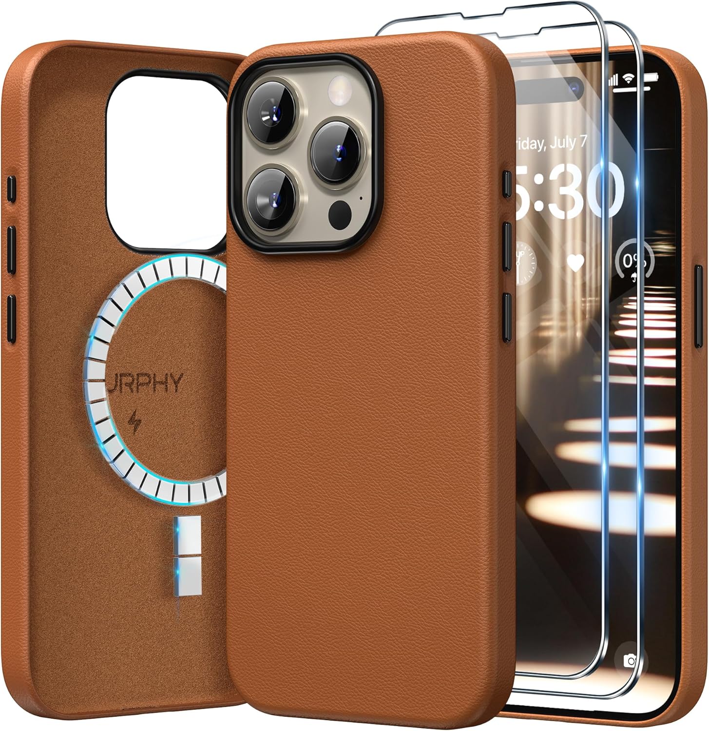 SURPHY Faux Leather Case for iPhone 15 Pro Case with Screen Protector, Premium PU Leather Compatible with MagSafe [Metallic Buttons & Microfiber Lining] Cover for iPhone 15 Pro 6.1 inch, Brown