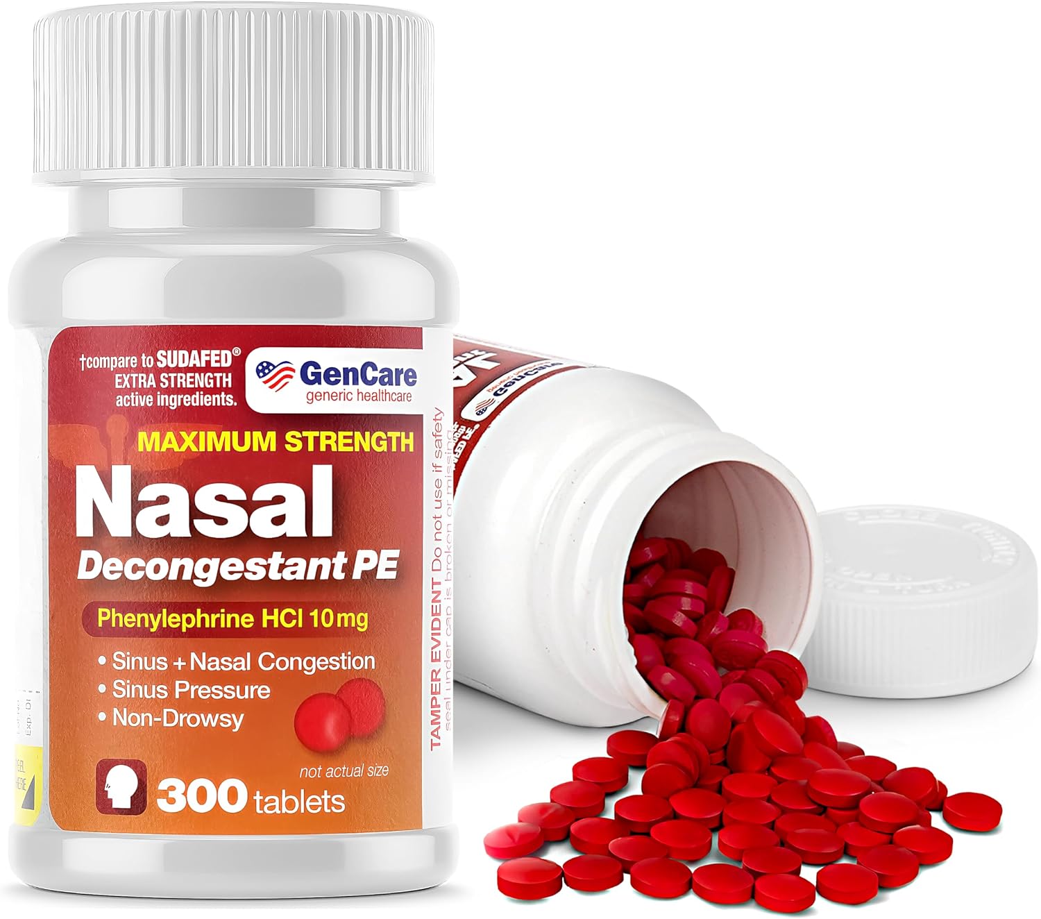 GenCare - Nasal Decongestant (10mg Tablets) Phenylephrine HCl (300 Tablets Per Bottle) | Value Pack Non Drowsy Sinus and Nasal Congestion Relief | Lower Sinus Pressure Due to Allergies or Illness