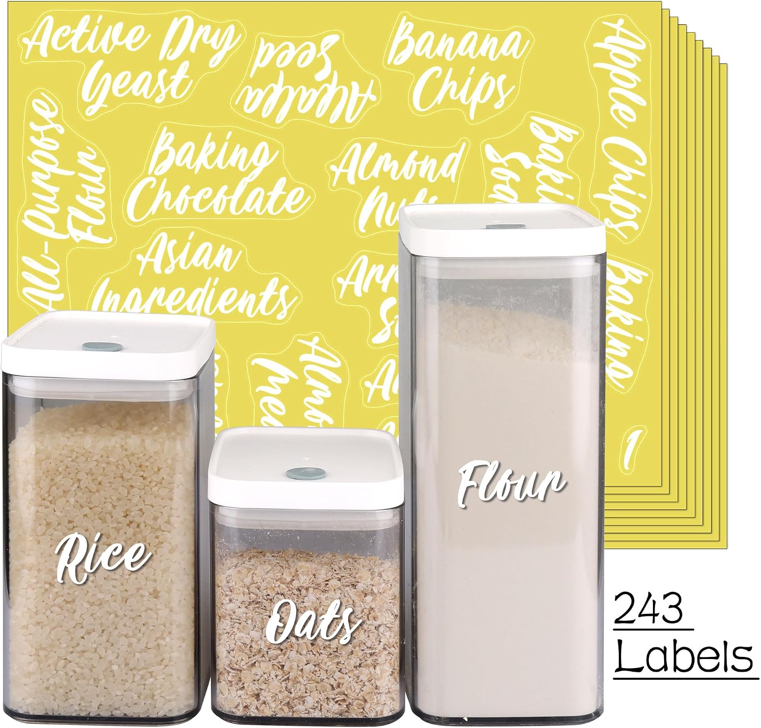 SWOMMOLY 243 White Cursive Pantry Labels for Food Containers, Water Resistant Pantry Kitchen Labels Stickers, Organization Labels for Storage Containers, Jars, Canisters