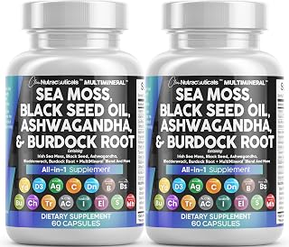 Sea Moss 3000mg Black Seed Oil 2000mg Ashwagandha 1000mg Turmeric 1000mg Bladderwrack 1000mg Burdock & Vitamin C Vitamin D3 with Elderberry Manuka Dandelion Yellow Dock Iodine Chlorophyll ACV - 2Pack