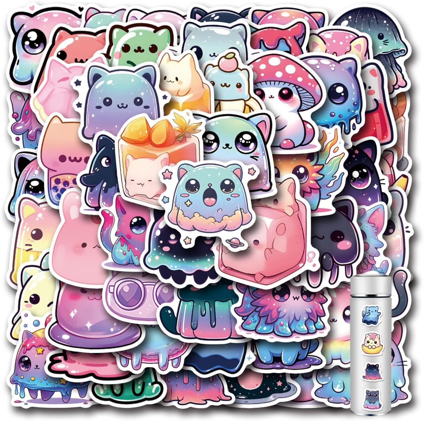 Cute Stickers Jelly Cat 50 Pcs for Water Bottles, Waterproof Starry Sky Cats Kawaii Animal Stickers, Cartoon Animals Vinyl Sticker, for Laptop, Skateboard, Guitar, Scrapbooking, Cat Lovers