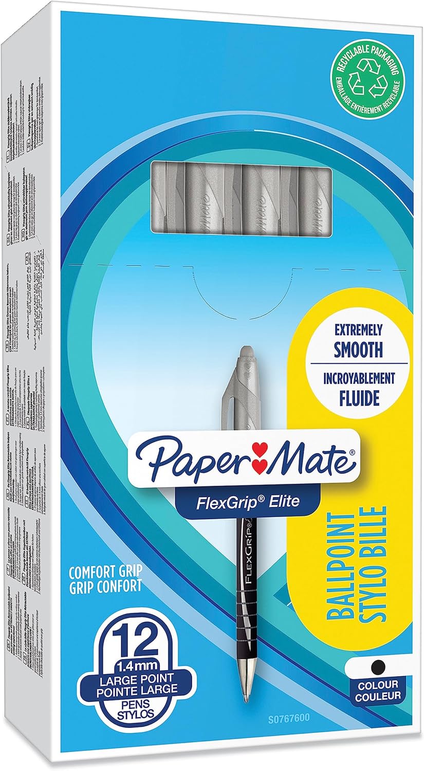 Paper Mate Flexgrip Elite Ballpoint Pens | Large Point (1.4mm) | Black | Retractable | 12 Count