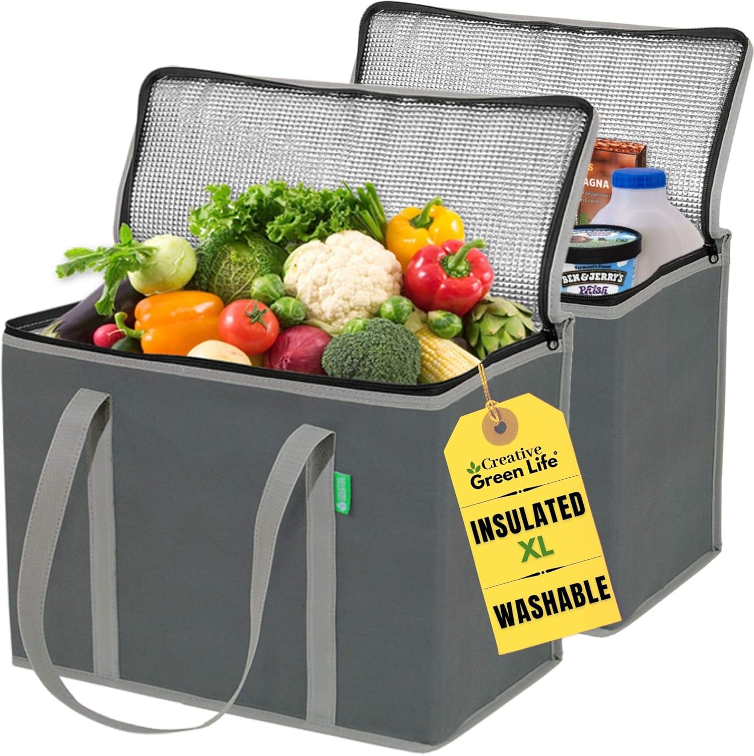 Creative Green Life XL Insulated Reusable Grocery Bags (2-Pack) - Premium Quality Cooler Bags with Hard Bottom Insert, Stands Upright, Washable