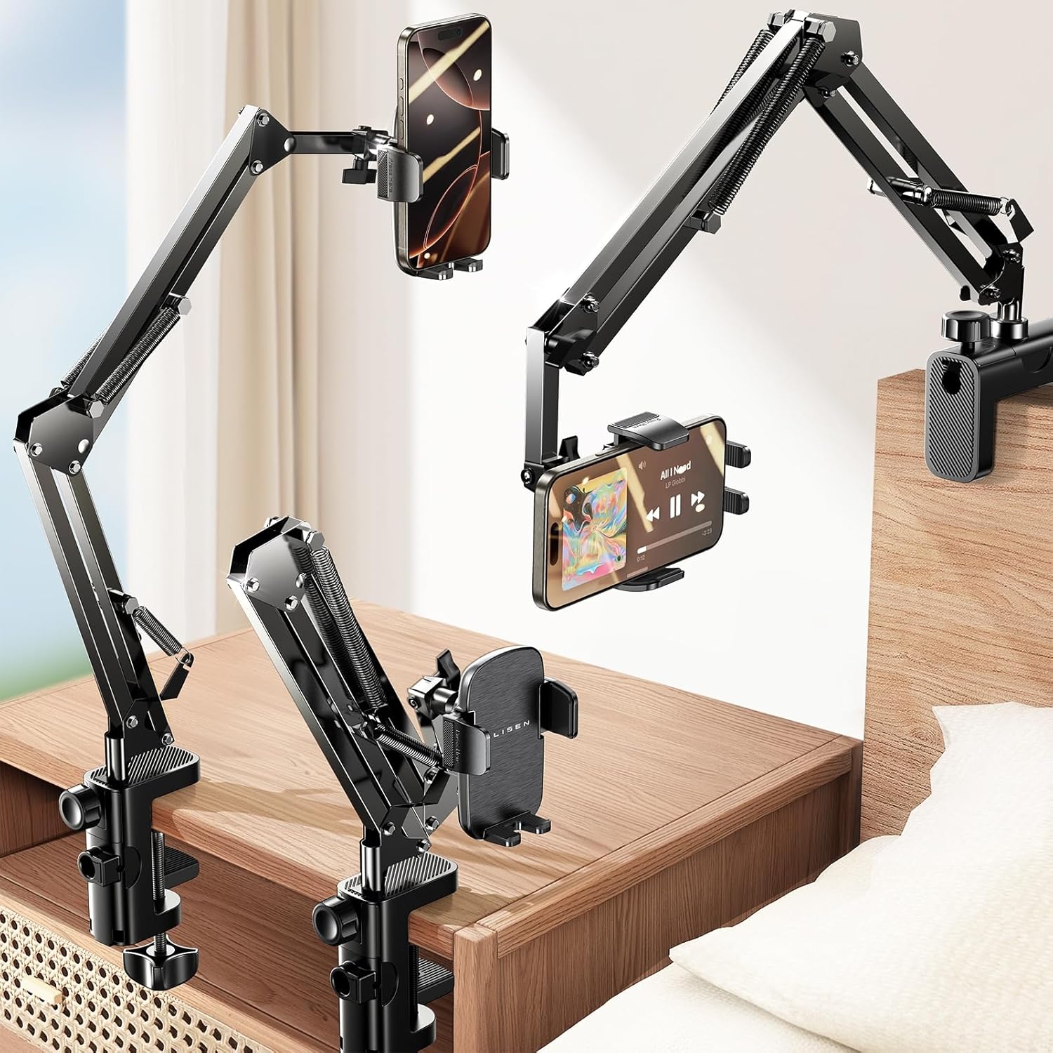 LISEN Gooseneck Phone Holder for Bed Desk [3rd Upgrade] Cell Phone Stand for Desk,Recording for iPhone Holder Fit 17X iPhone 16 Filming Camera Laying Down,Bed Accessories Flexible Arm Clamp Clip Stand