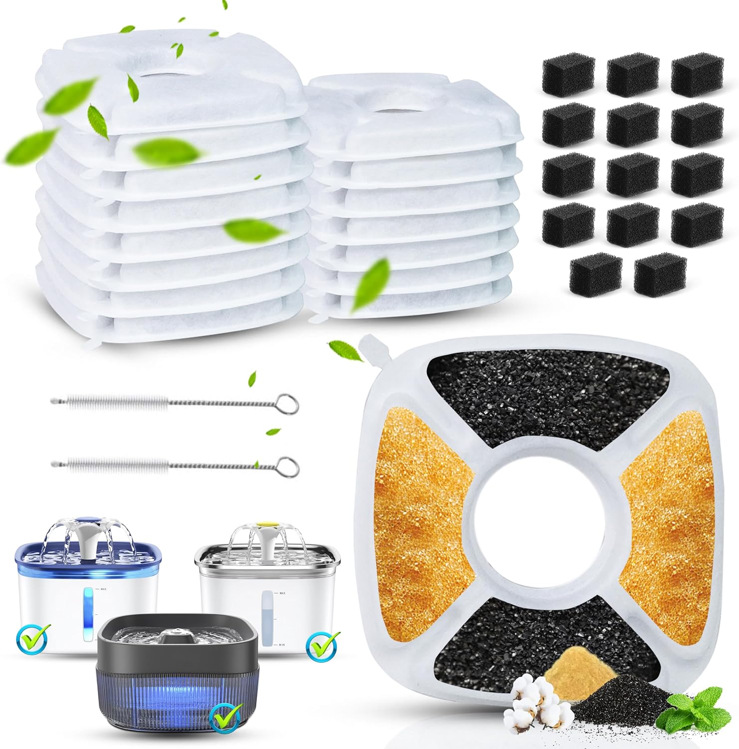FAMELEC 34Pcs Cat Water Fountain For Veken Pet Fountain Replacement Filters 95oz/2.8L, 67oz/2L, 135oz/4L, For Veken Replacement Filters With Kit, 16 Carbon Filters + 16 Pre-Filter Sponges+2 Brushes