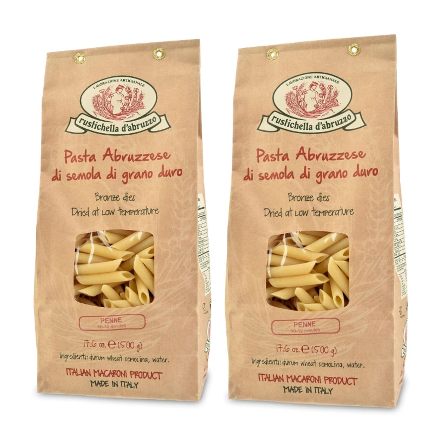 Rustichella d'Abruzzo Penne Pasta (Pack of 2), 500g Each - Classic Durum Wheat Short Quill-Shaped Pasta - Perfect for Sauces and Baked Dishes - Cooks in 10-12 Minutes - Authentic Italian Pasta