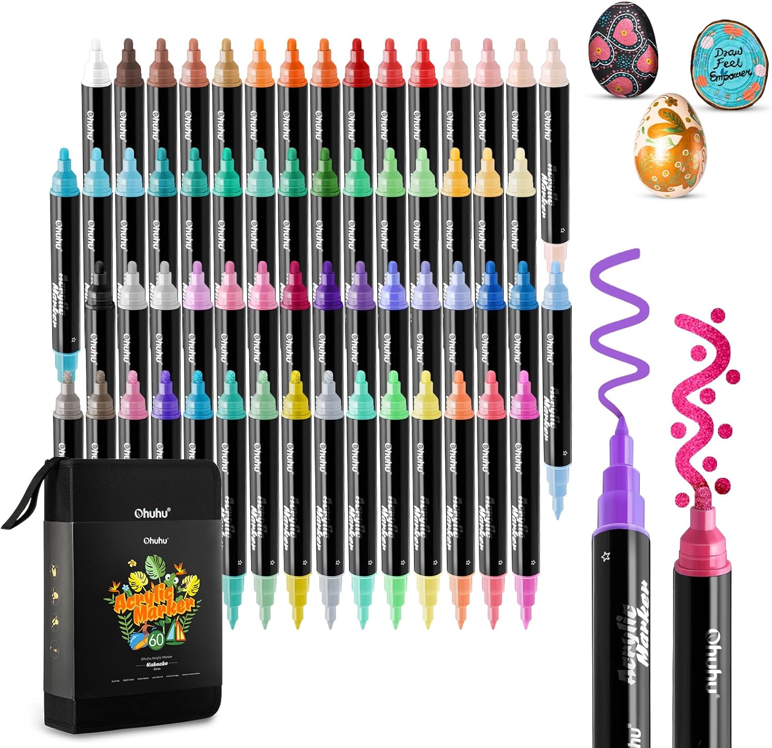 Ohuhu Acrylic Pens 60 Colours, Dual Tips (Round & Fine) Acrylic Markers Waterproof Lightfast High Opacity Paint Pens for Rock Painting Easter Eggs Wood Glass Ceramic Canvas - Kakaako