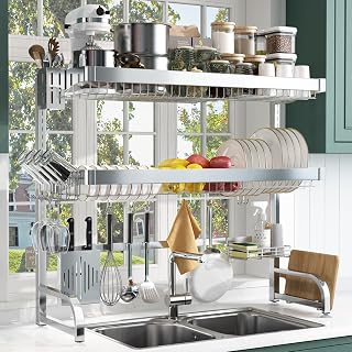 BOOSINY Over The Sink Dish Drainer Drying Rack,Adjustable (25.5"-35.5") 3 Tier Large Dish Racks for Kitchen Storage Counter Organizer,Full 304 Stainless Steel Shelf with, Silver