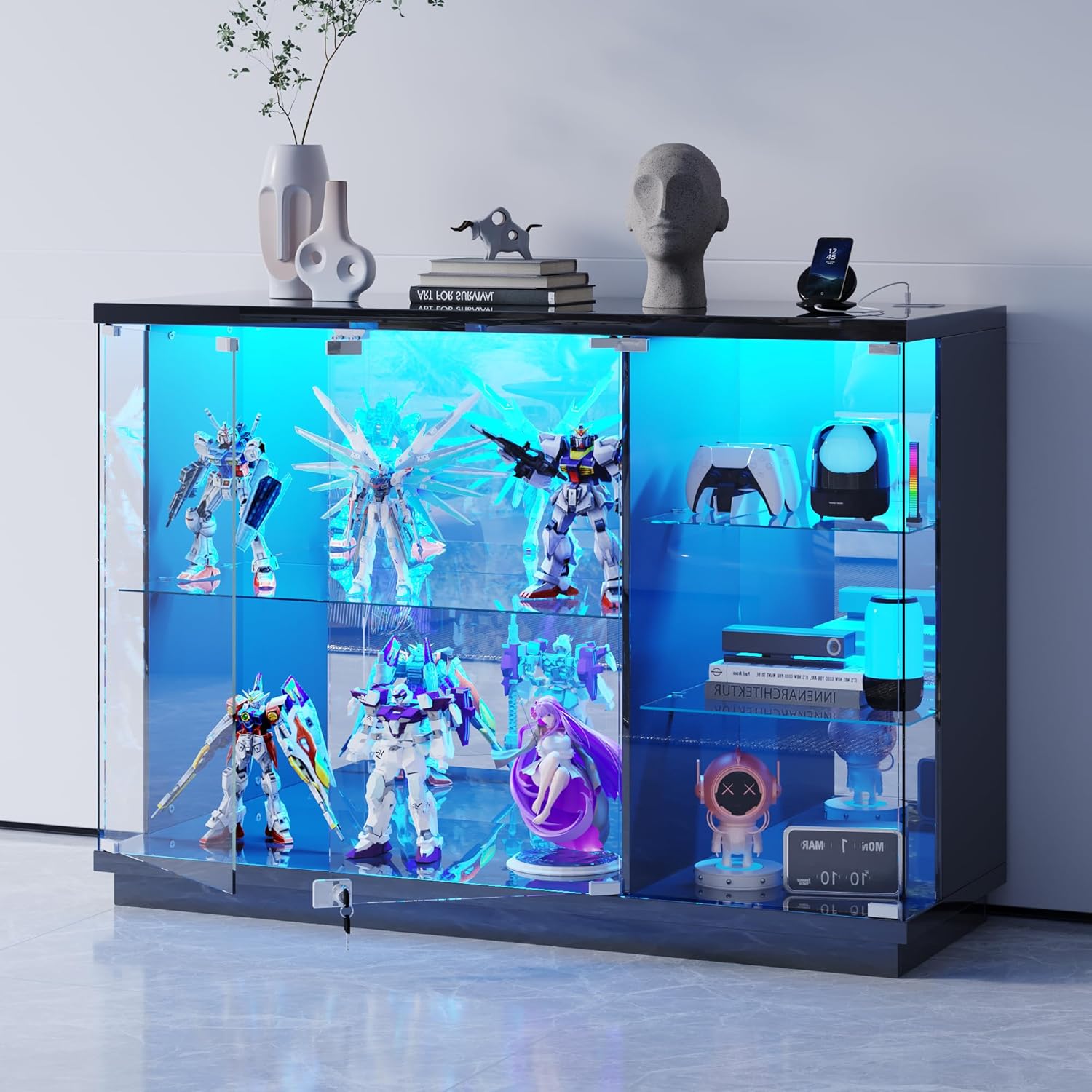 Glass Display Cabinet with Lock & LED Light, High Gloss Sideboard with Human Body Sensor & Glass Shelves for Toys, Books, Collectibles, Liquor, Bookcase for Living Room, Kitchen, Study, Black