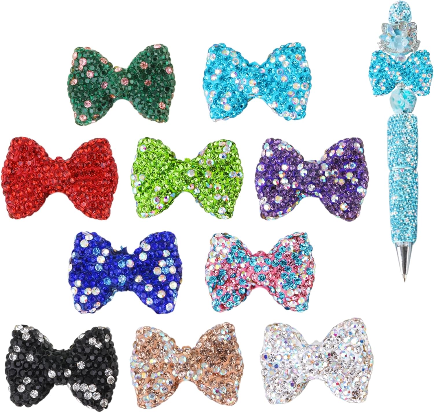 Bow Beads for Pens 10 Pcs Rhinestone Focal Beads for Crafts Fits for Beadable Pens Jewelry Making Braclets Bling Chunky Glitter Beads for DIY Supplies
