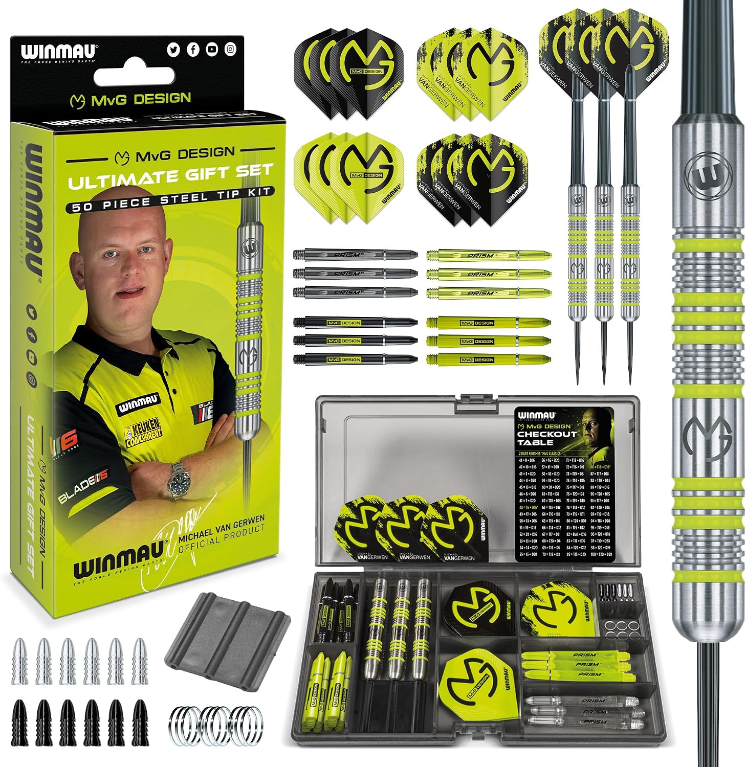 WINMAU | Michael van Gerwen Gift Set | Steel or Soft Darts Set | 50 Piece