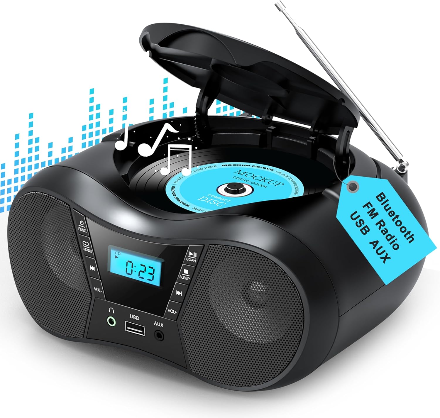 Boombox Portable CD Players for Home with Bluetooth, Boom Box CD Player FM Radio Combo, Stereo Sound, AC/Battery Powered, CD/CD-R/RW Compatible, Support AUX/USB/Headphone, Sleep Timer, Repeatable