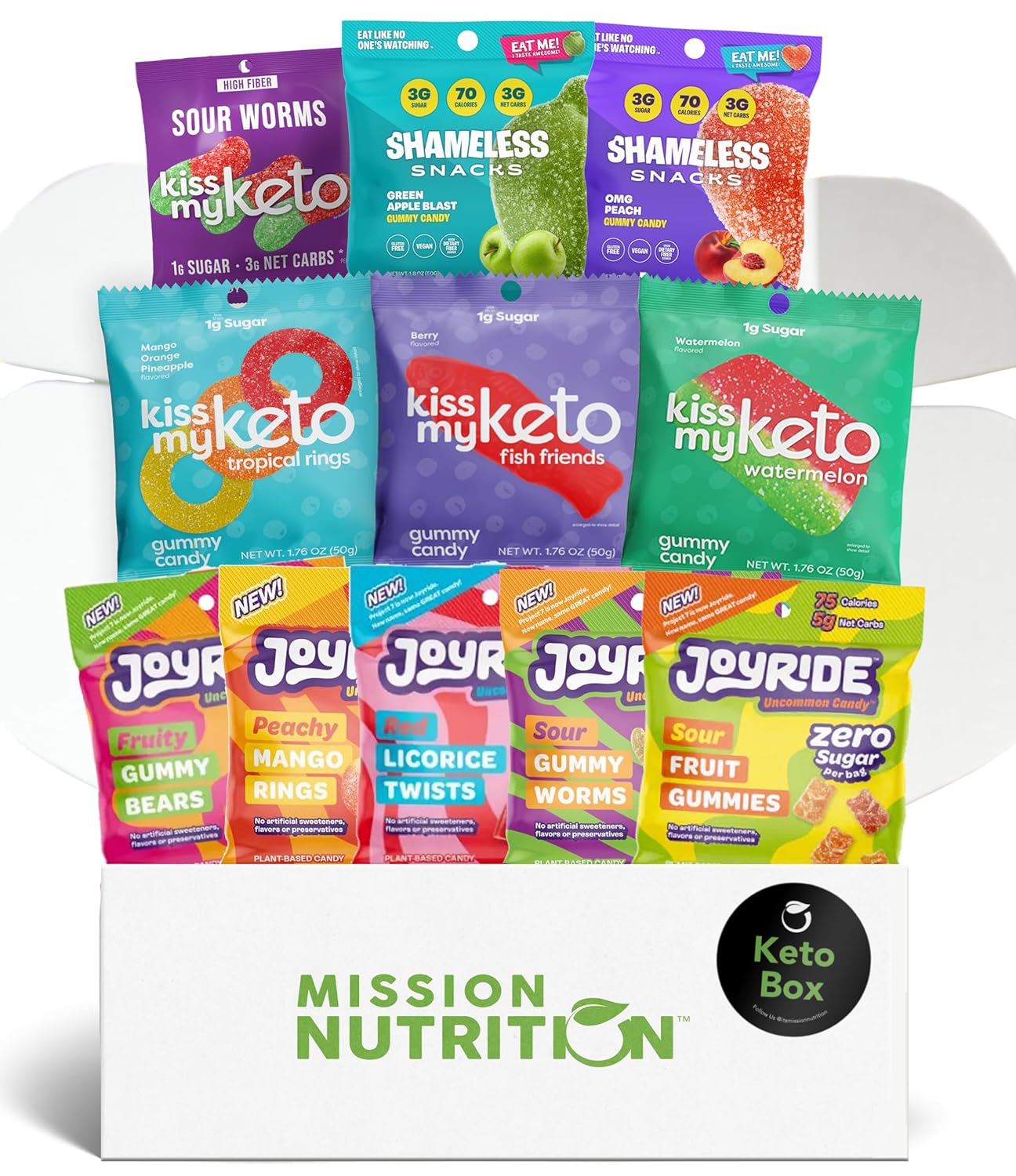 Keto Candy Box: Kiss My Keto, Joyrid Project 7, Shameless Snacks Gummies - Low Carb, Keto-Friendly, Low Calorie, Gluten-Free Gummy Variety