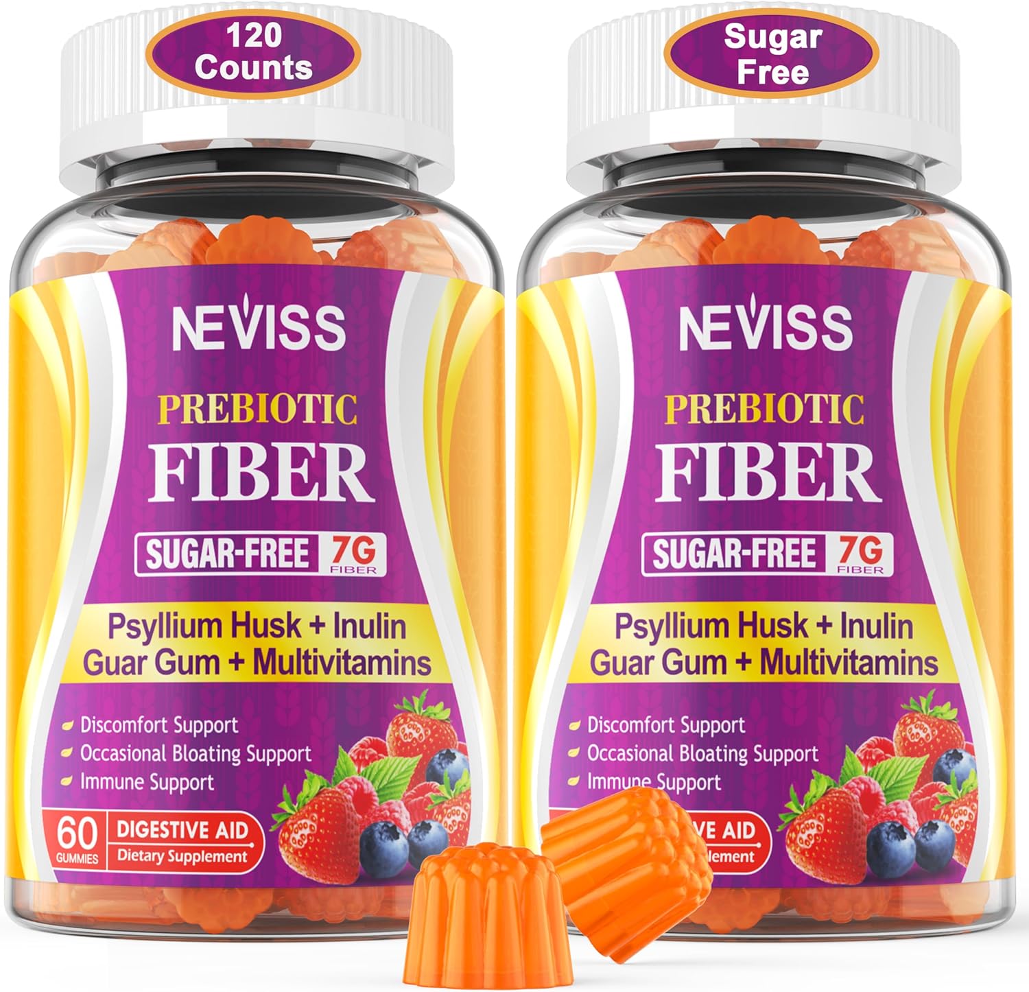 Fiber Gummies for Adults with Psyllium Husk, 7G(Soluble + Insoluble) Daily Prebiotic Fiber with Inulin, FOS, Guar Gum, Multivitamins for Daily Digestive Health, Regularity Support,Sugar Free,Pack of 2