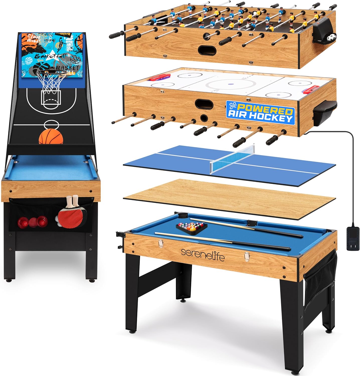 SereneLife 48" 6-in-1 Multi Game Table, Full-Size Indoor and Outdoor Arcade Sports Table with Pool, Air Hockey, Foosball, Basketball, Table Tennis, Dining Table, for Family, Kids, Adults