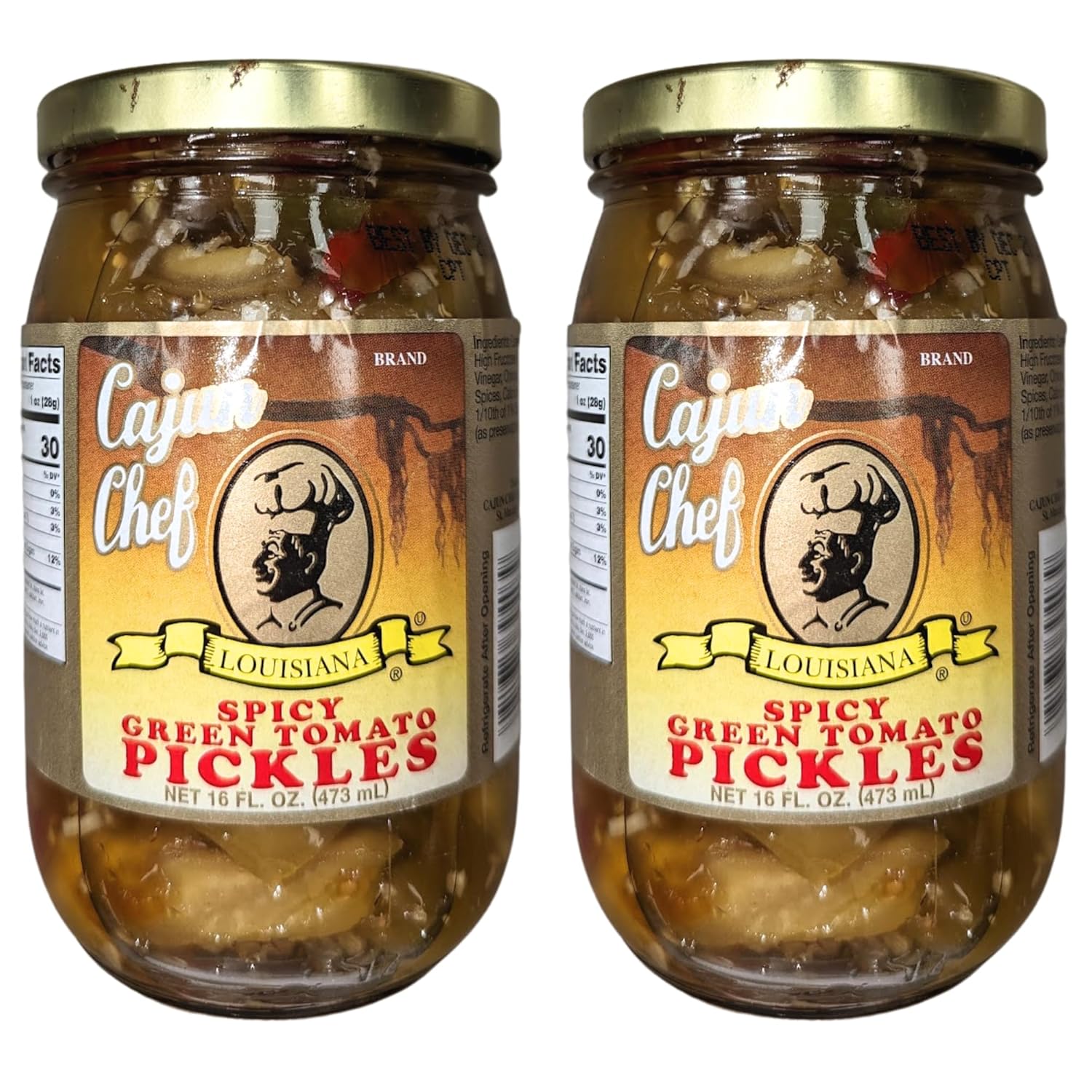Cajun Chef Spicy Green Tomato Pickles 16oz (Pack of 2) - Tangy and Delicious Side Dish - Perfect Garnish for Any Meal - Fried Green Tomatoes, Salads, Stews, Pizza Topping,