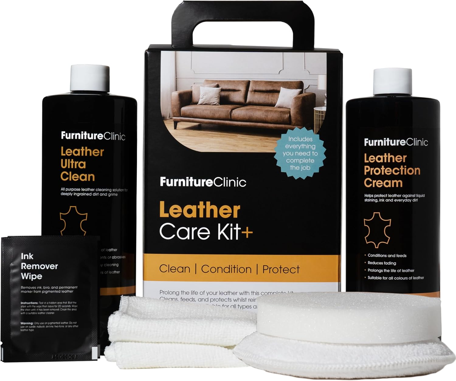 Furniture Clinic Complete Leather Care Kit+ With Leather Cleaner & Leather Protection Cream for Sofas, Seats, Leather Care Set Includes 500ml Ultra Clean, 500ml Leather Conditioner & Ink Remover Wipes