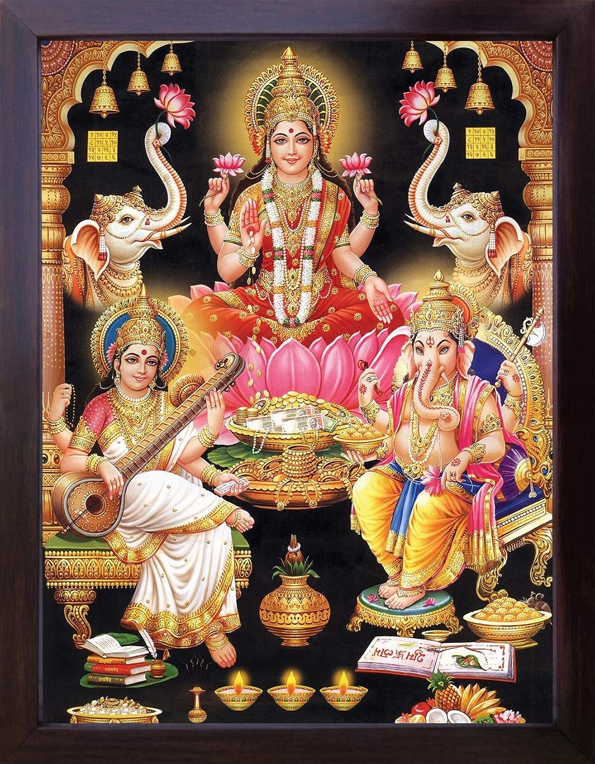 HandicraftStore Lakshmi with Ganesha and Saraswati at Night View, Poster Painting with Frame, Must for Home/Office/Decor Purpose