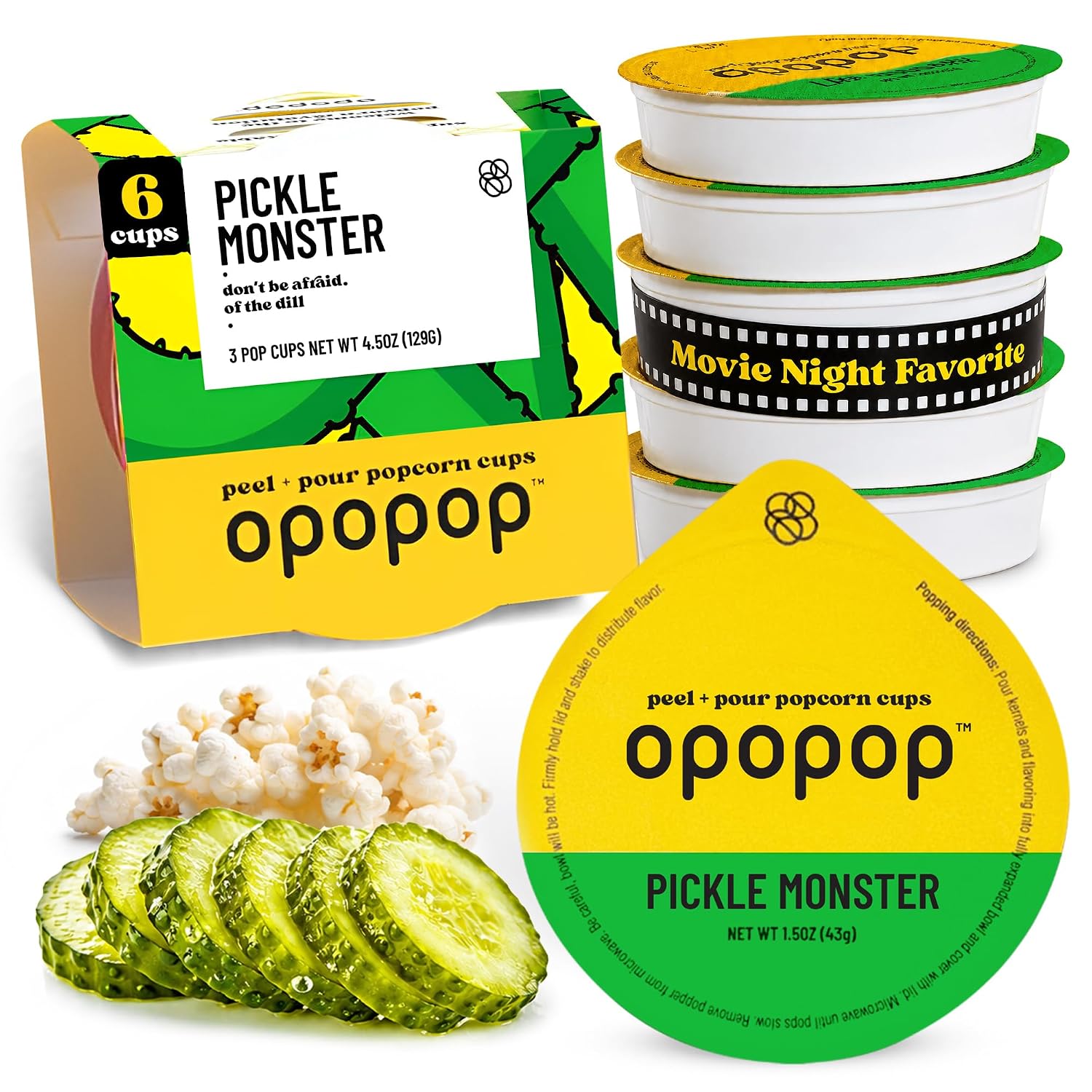 Opopop Microwave Popcorn Pop Cups - Pickle Monster 6-Pack, Non-GMO