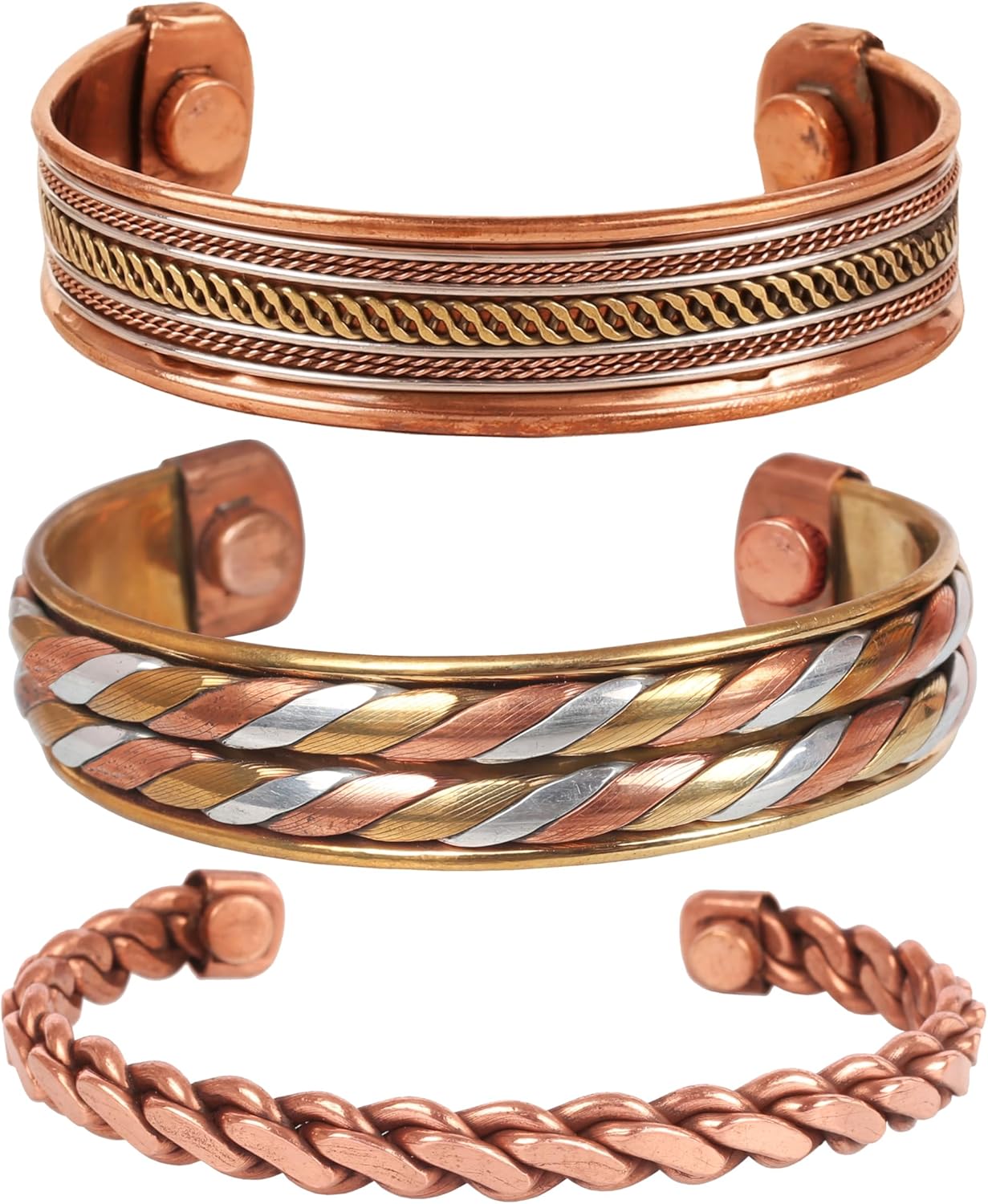 Touchstone Indian Hand Crafted Magnet Copper Bracelet Chakra Jewelry Cuff Gift Women Men. Set of 3