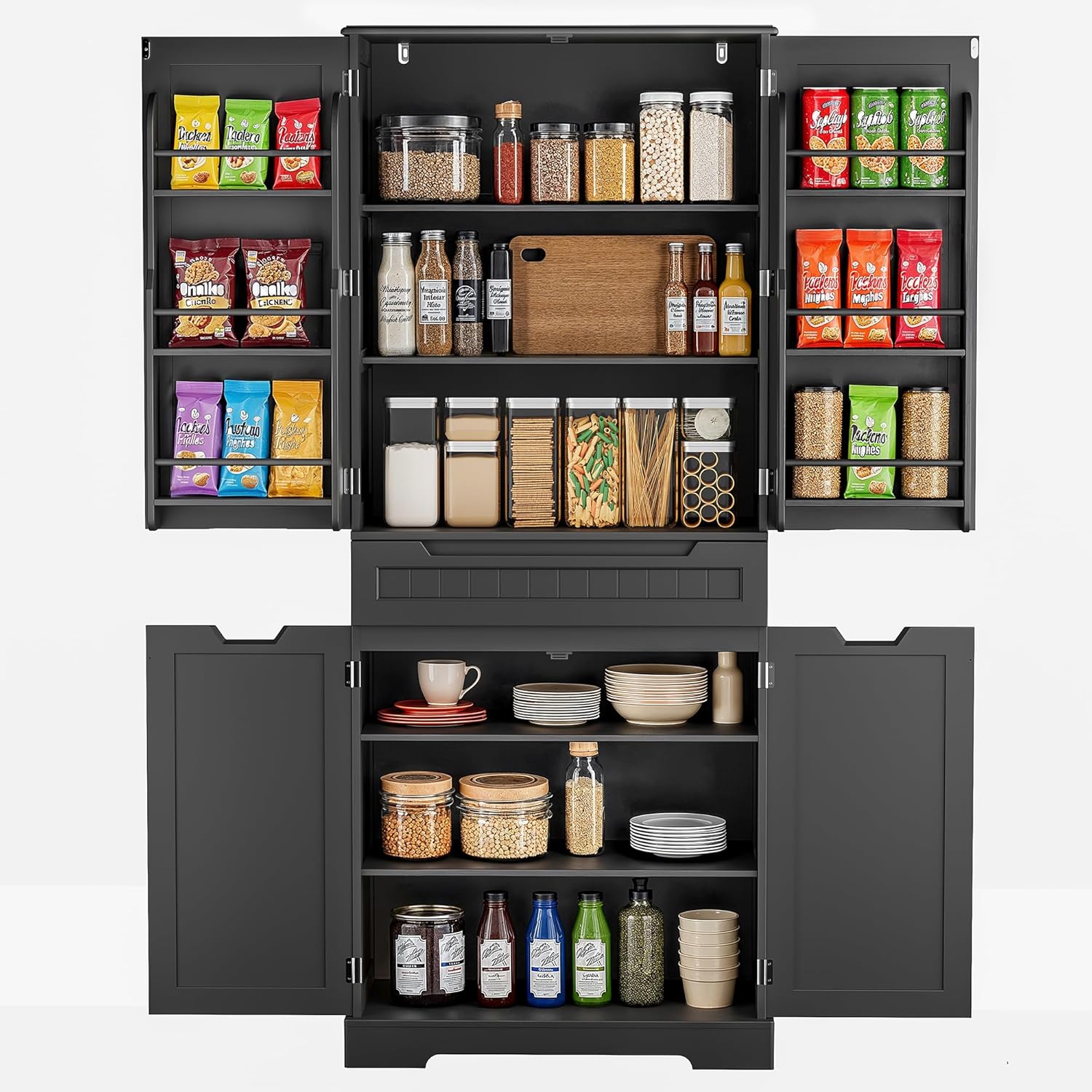 Gizoon 71" Tall Kitchen Pantry Cabinet with Doors and Shelves Large Stand Up Pantry Storage Cabinet with Drawer Large Food Cupboard for Kitchen Bathroom Craft Room, Black