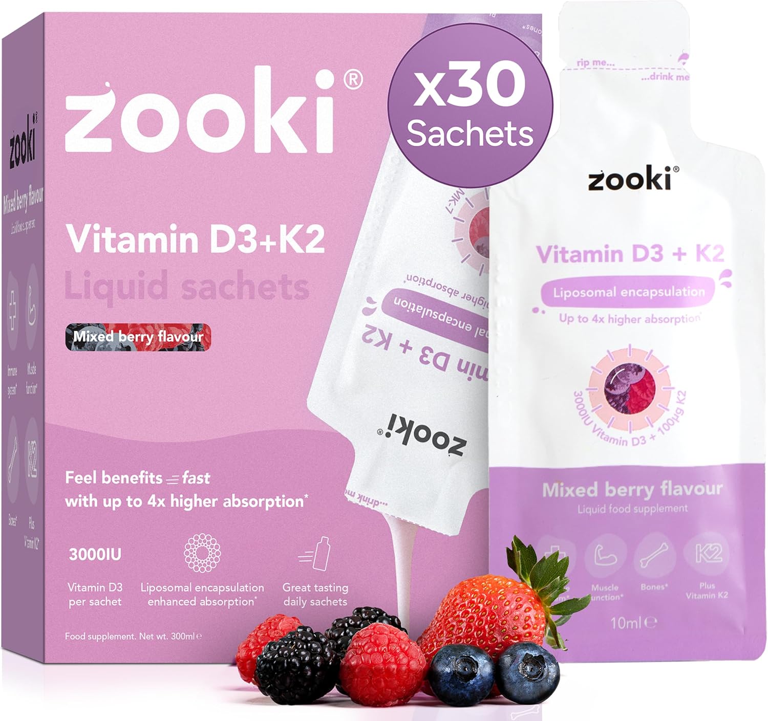 Zooki Liposomal Vitamin D3 + K2 3000IU Liquid Sachets, High Strength Vitamin D Supplements, Immune, Bone & Muscle Support, Vegan D3 and K2 Vitamin (Mixed Berry Flavour, 30 Servings)