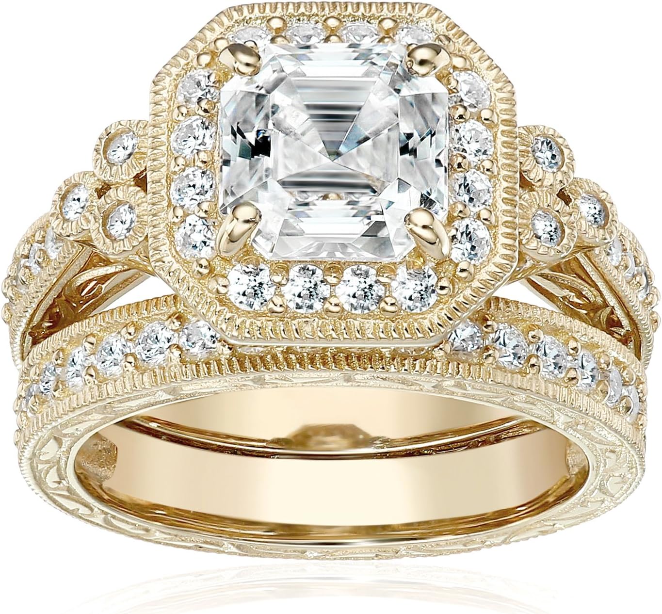 Amazon Essentials Platinum or Gold Plated Sterling Silver Antique Ring set with Asscher-Cut Infinite Elements Cubic Zirconia (previously Amazon Collection)