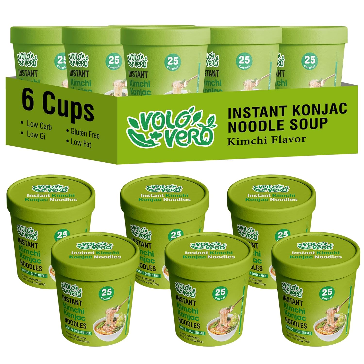 VOLO VERO Konjac Noodle Soup Cup Spicy Kimchi Flavor, 6 Packs, Gluten Free, Keto, Low Calorie, Low Fat, Low Carb Instant Shirataki Noodles Angel Hair Pasta, Ready to Eat, Healthy Diet Food Holiday Gifts