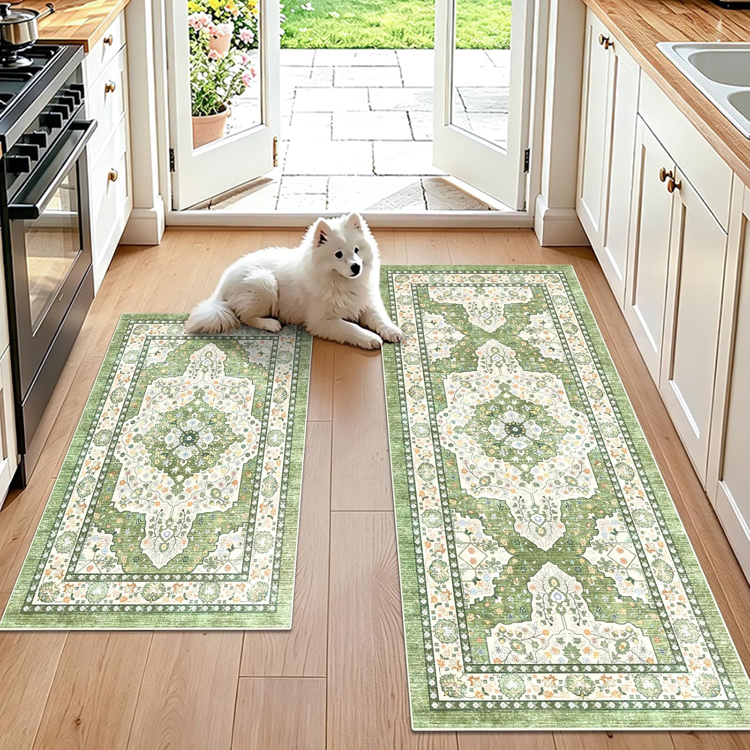 Washable Kitchen Rug Set, 2 Piece Grass Green Boho Non-Slip Kitchen Floor Mats, Vintage Low Pile Runner Rug for Hallway, Stain Resistant Carpet for Entrance Bathroom Laundry (50x80cm+50x120cm)