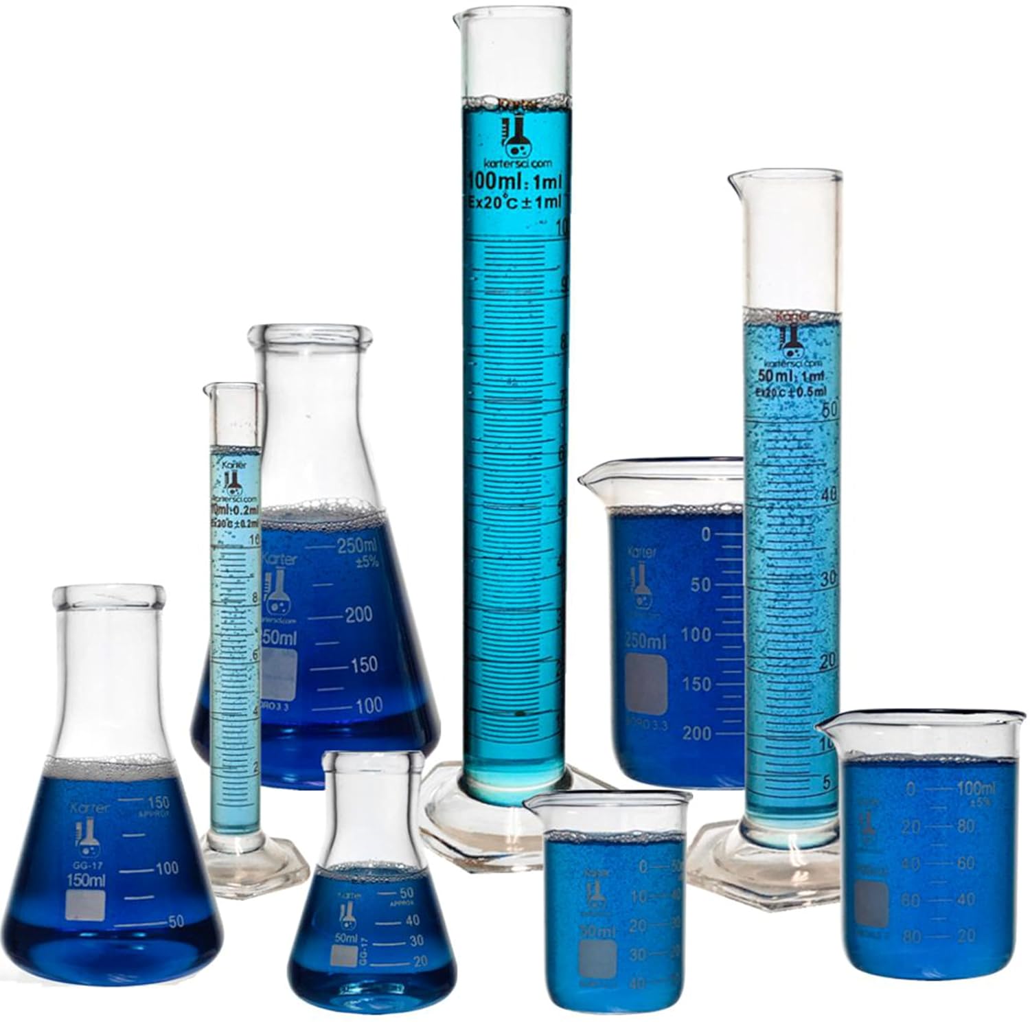 Beaker, Flask, Cylinder Set, 3.3 Boro. Glass - 9 Pieces - Beaker Set, Flask Set, and Graduated Cylinder Set, Karter Scientific 233N2