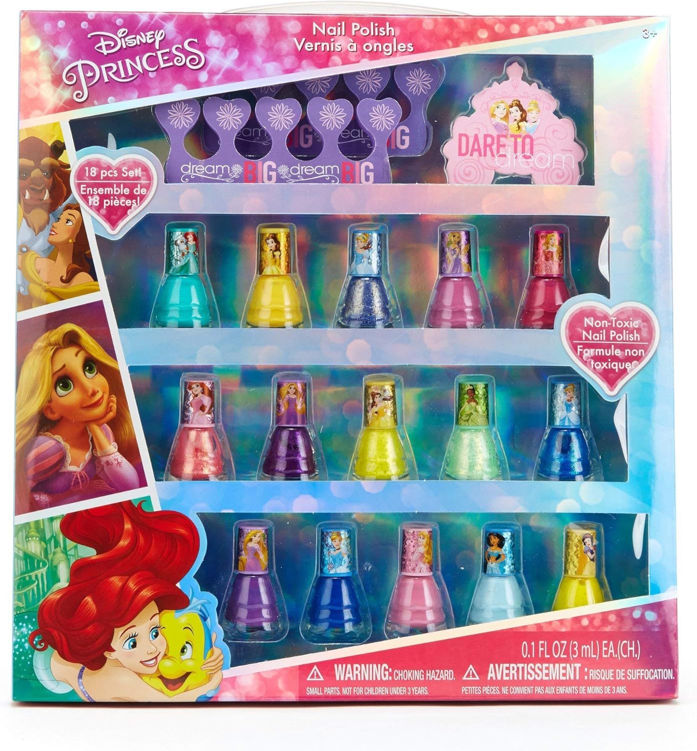 Townley Girl Disney Princess Non-Toxic Peel-Off Water-Based Natural Safe Quick Dry Nail Polish| Gift Kit Set for Kids Tweens Girls| Glittery and Opaque Colors| Ages 3+ (18 Pcs)